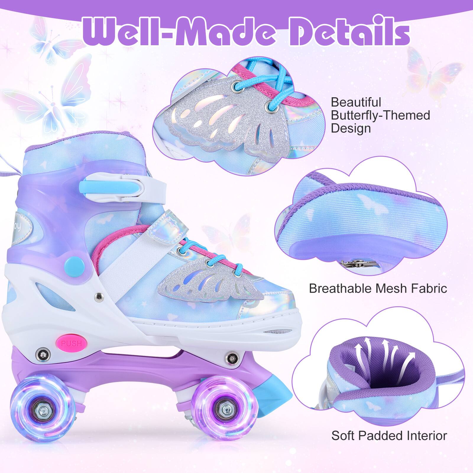 Well-Made Details

Beautiful Butterfly-Themed Design

Breathable Mesh Fabric

Soft Padded Interior