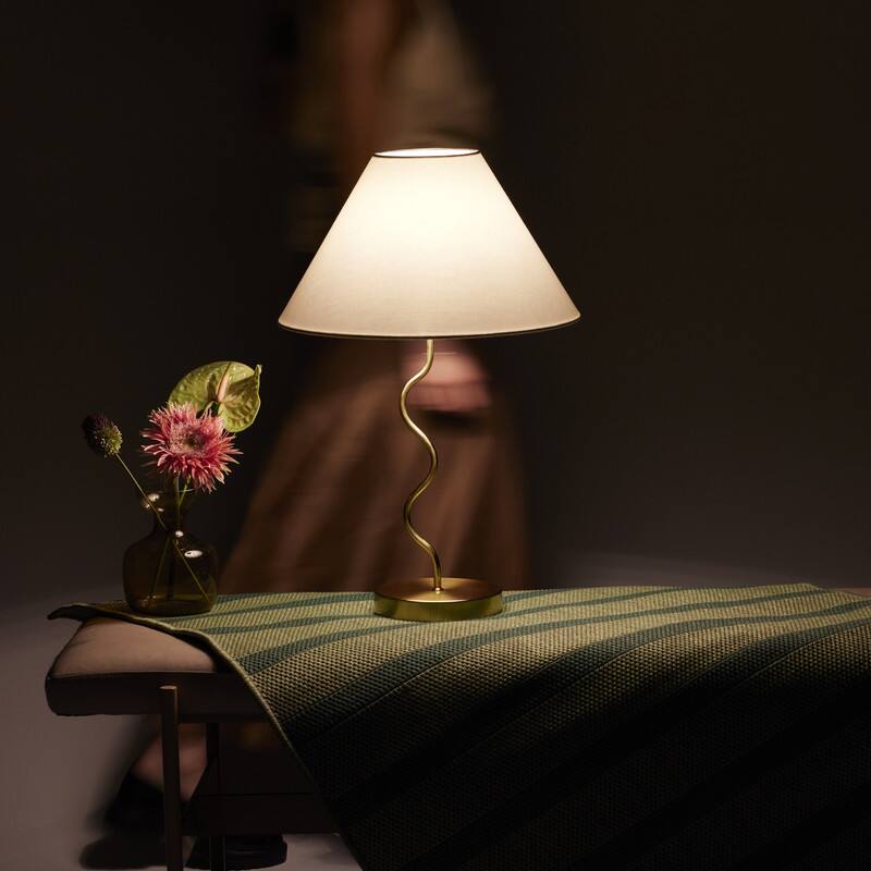 Alt View 1. Brightech - Squiggle LED Midcentury Modern Standing Dimmable Bedside Nightstand Desk Lamp with Ivory White Fabric Empire Shade - Antiqued Brass.