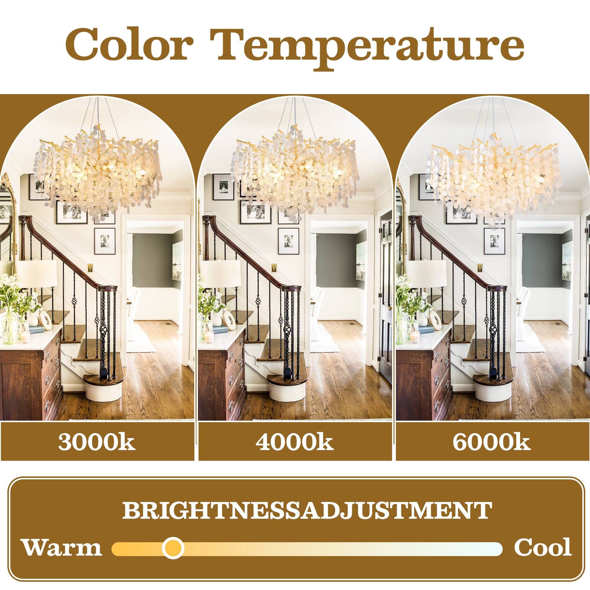 Color Temperature

3000k 4000k 6000k

BRIGHTNESS ADJUSTMENT

Warm Cool