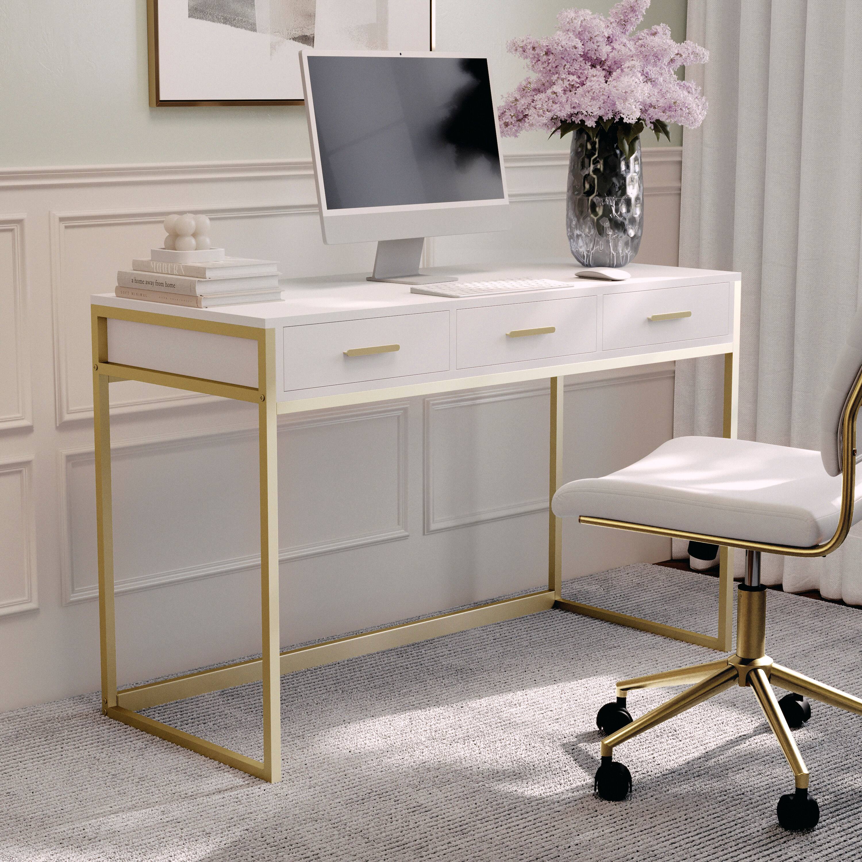 Alt View 11. Martha Stewart - Ollie White 3 Drawer Home Office Desk - White Top/Polished Brass Frame.