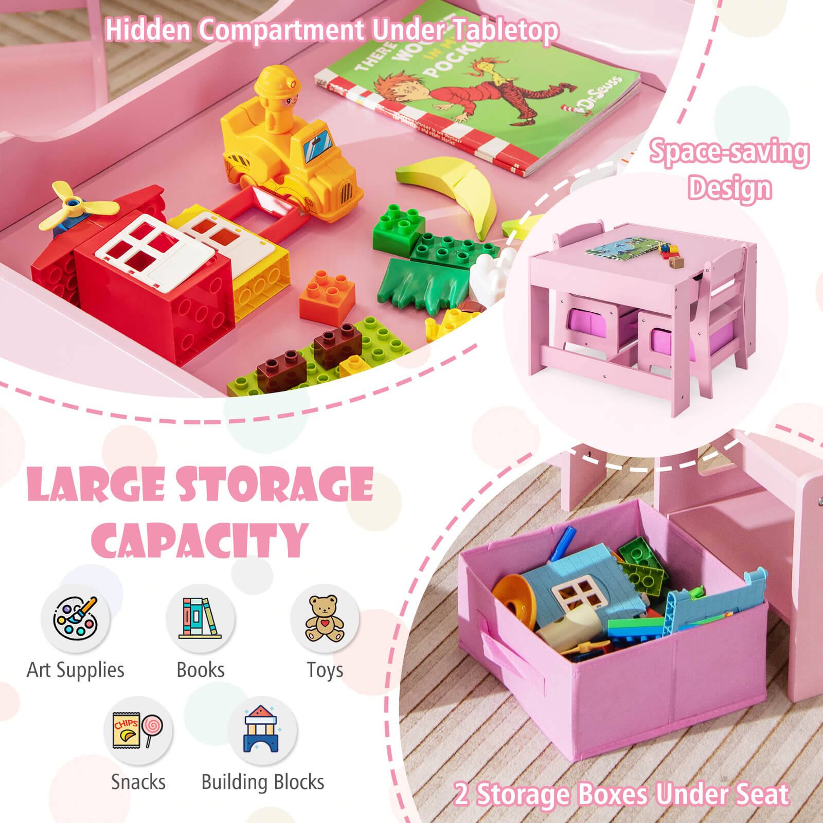 Hidden Compartment Under Tabletop, Space-saving Design, Large Storage Capacity, Art Supplies, Books, Toys, Snacks, Building Blocks, 2 Storage Boxes Under Seat