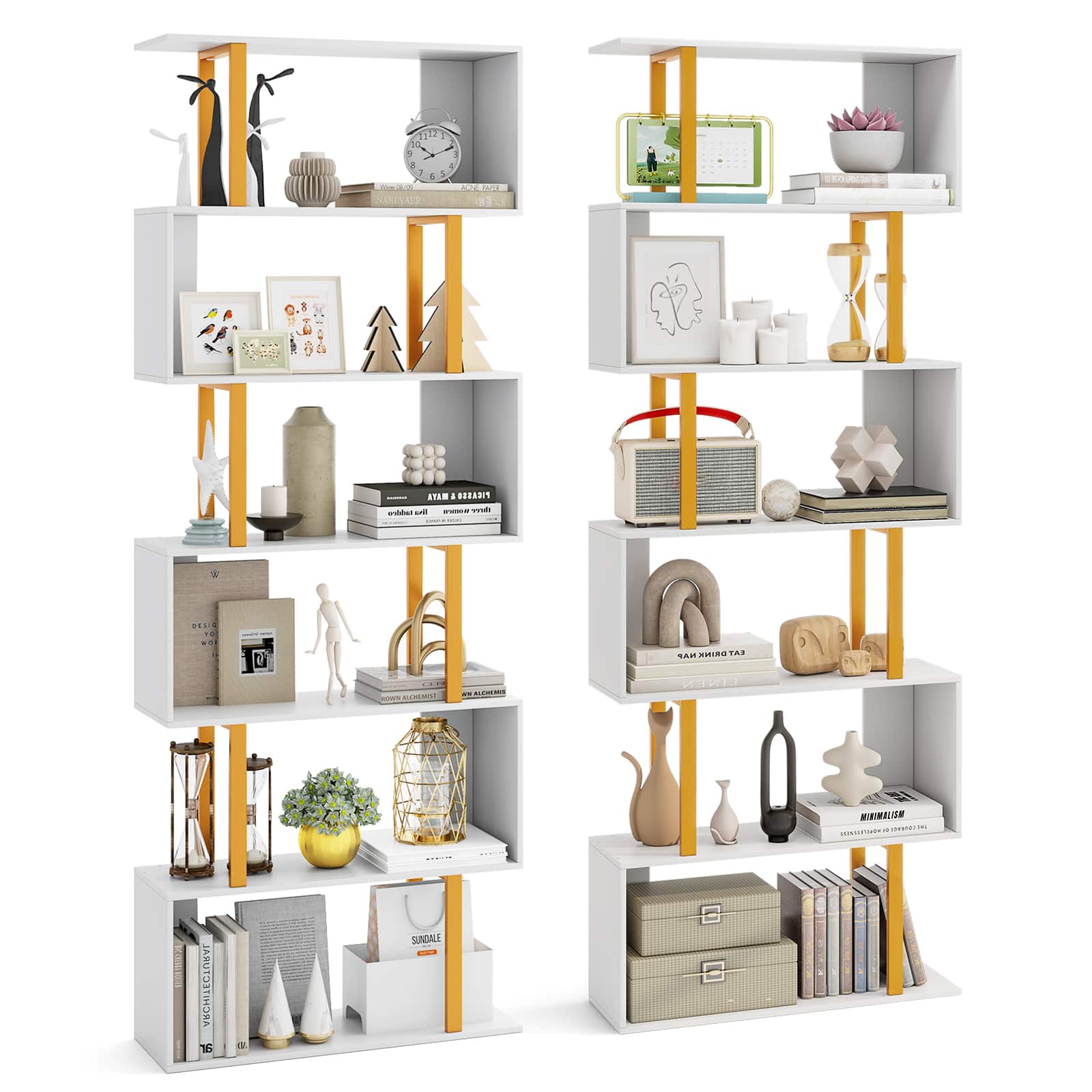Gymax - 2 PCS 6-Tier Geometric Bookcase 74.5-Inch S-Shaped Bookshelf w/ Metal Frame Gold - White, Gold