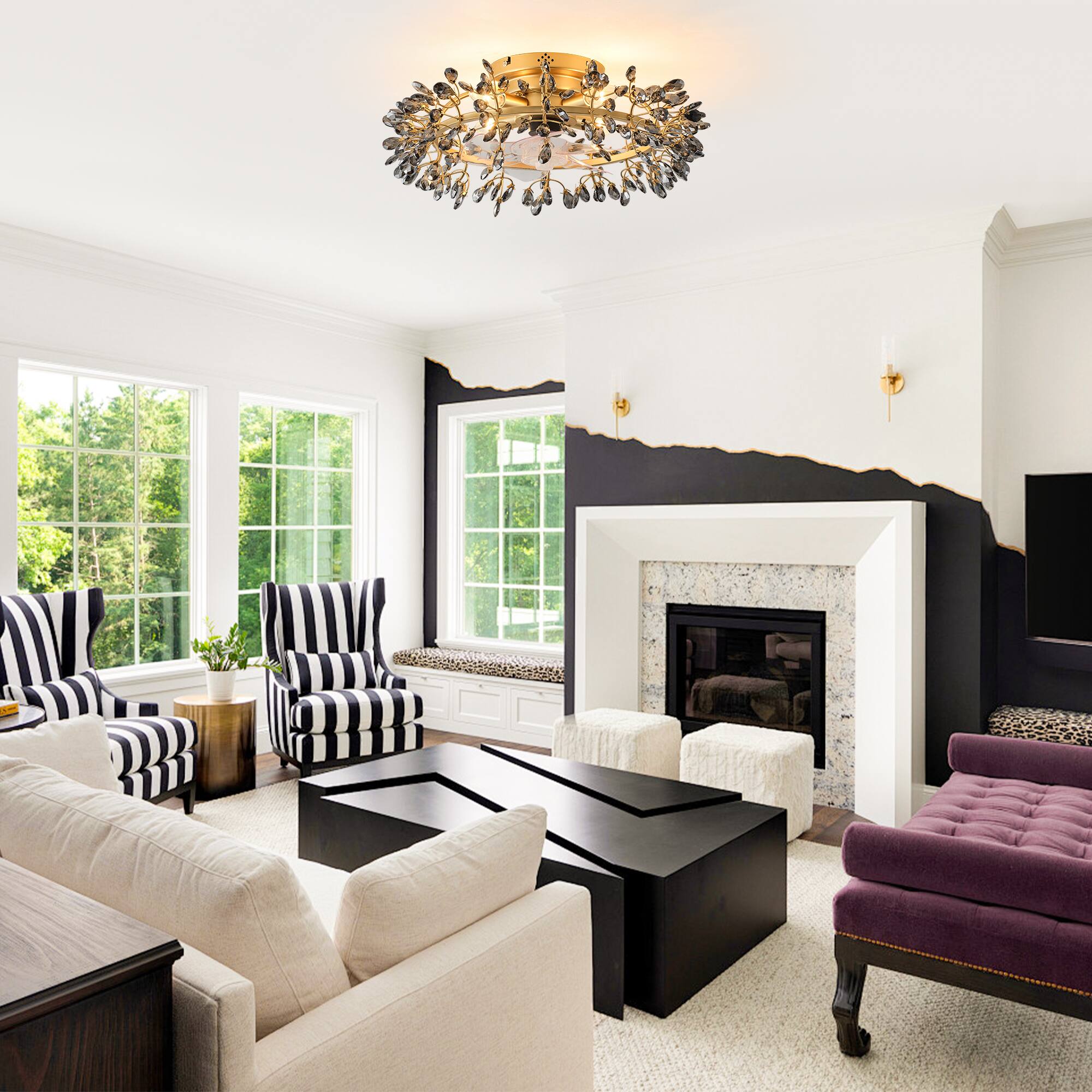 Angle. Parrot Uncle - Modern American Black Crystal Flush Mount Chandelier Ceiling Fan with Remote and Retractable Blades - Gold.