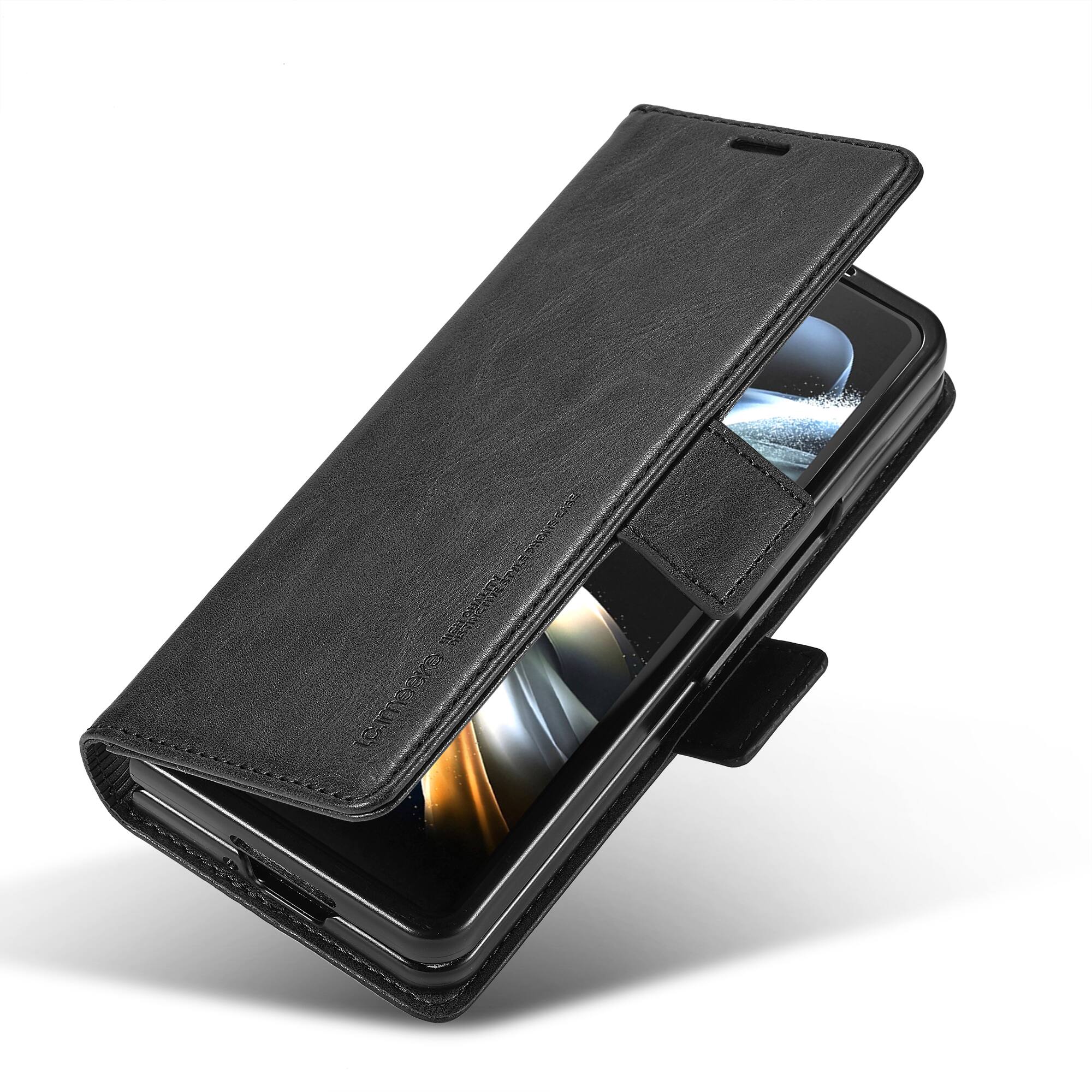Left. Dteck - Wallet Case for Samsung Galaxy Z Fold 7, Magnetic PU Leather RFID Blocking Card Slots Kickstand Shockproof Cover - Black.