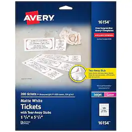 Avery - Tickets with Tear-Away Stubs, Matte 1.75" x 5.5", Laser/Inkjet, 200/Pack - White