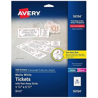 AVERY  
16154  

Free Easy-to-Use AveryTemplates  
avery.com/templates  

Tear-Away Stub Stays secure but easily tears away  
Great for special raffle tickets and door prizes  

200 tickets * Heavyweight * 650 gsm cover, 176 g/m2  
Matte White Tickets with Tear-Away Stubs  
1 3/4" x 5 1/2"  

Inkjet Laser  

10  

16154