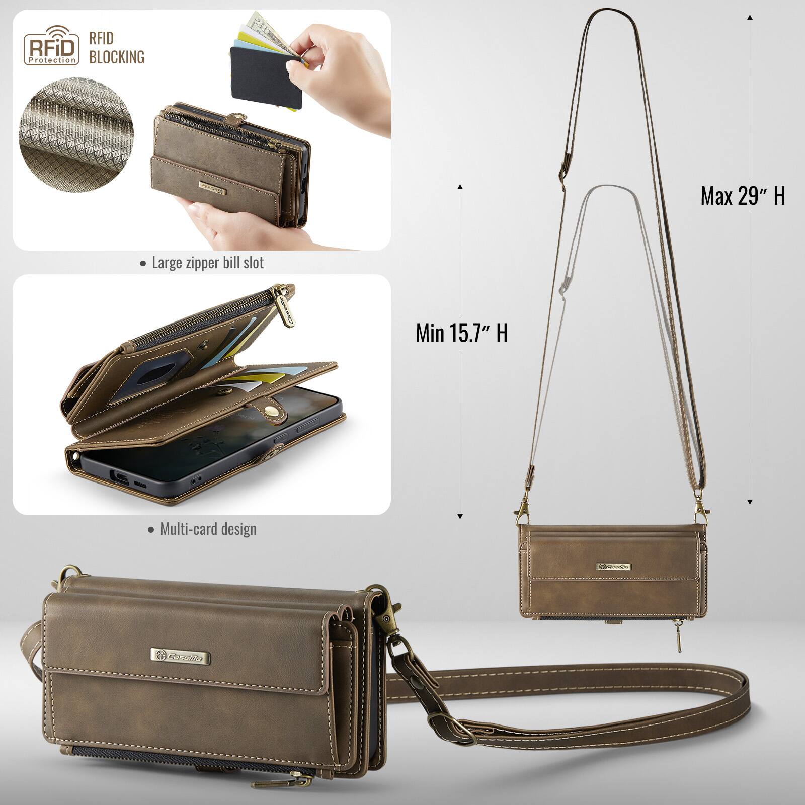 RFID Protection BLOCKING

- Large zipper bill slot
- Multi-card design

Max 29" H
Min 15.7" H