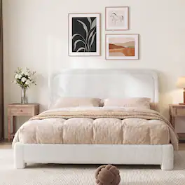 Vipbear - F/Q/K Upholstered Bed Frame with Adjustable Headboard, Curved Sherpa Platform Bed Frame, No Box Spring Required - White