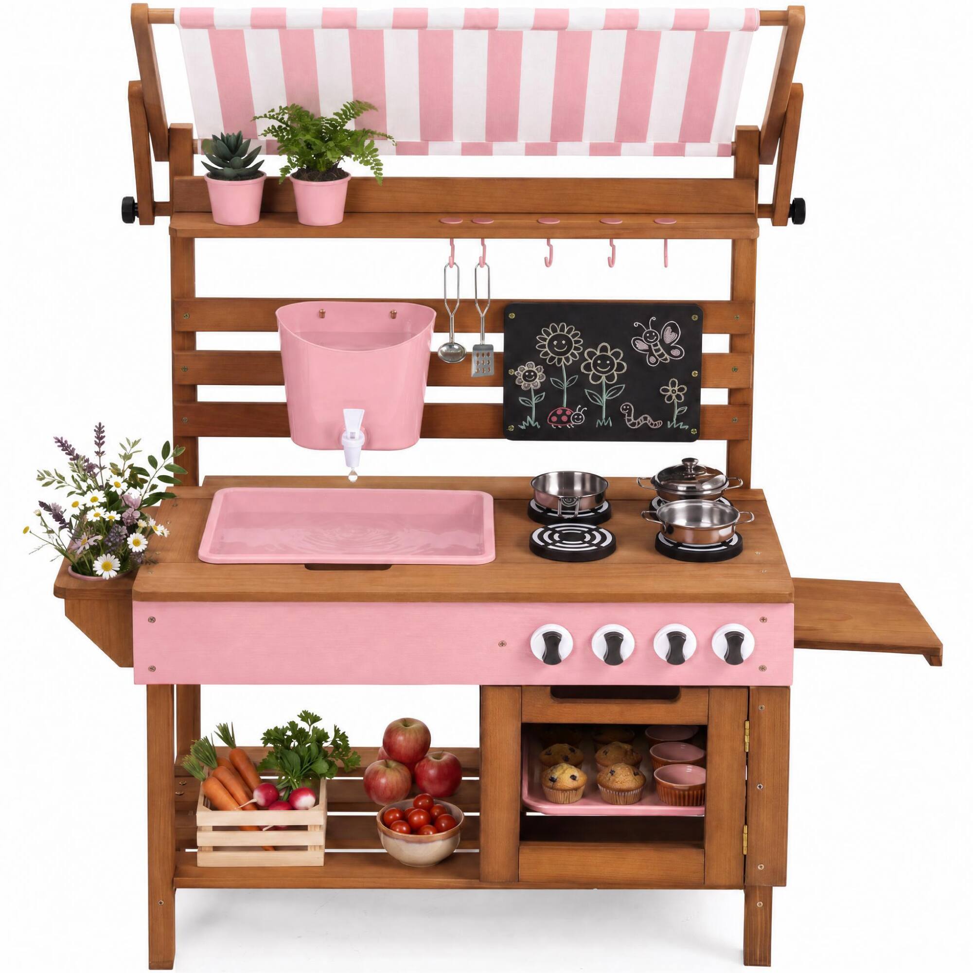 Best Choice Products - Deluxe Wooden Outdoor Mud Kitchen for Kids w/ Canopy, Water Tank, Faucet & 11pc Accessories - Pink