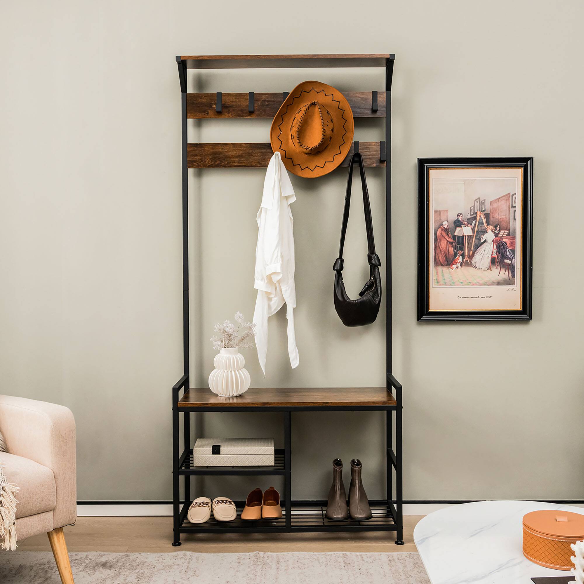 Alt View 1. Gymax - Gymax 72'' Freestanding Hall Tree 4-in-1 Coat Rack Shoe Bench w/ Top Shelf & 9 Removable Hooks - Rustic Brown, Black.
