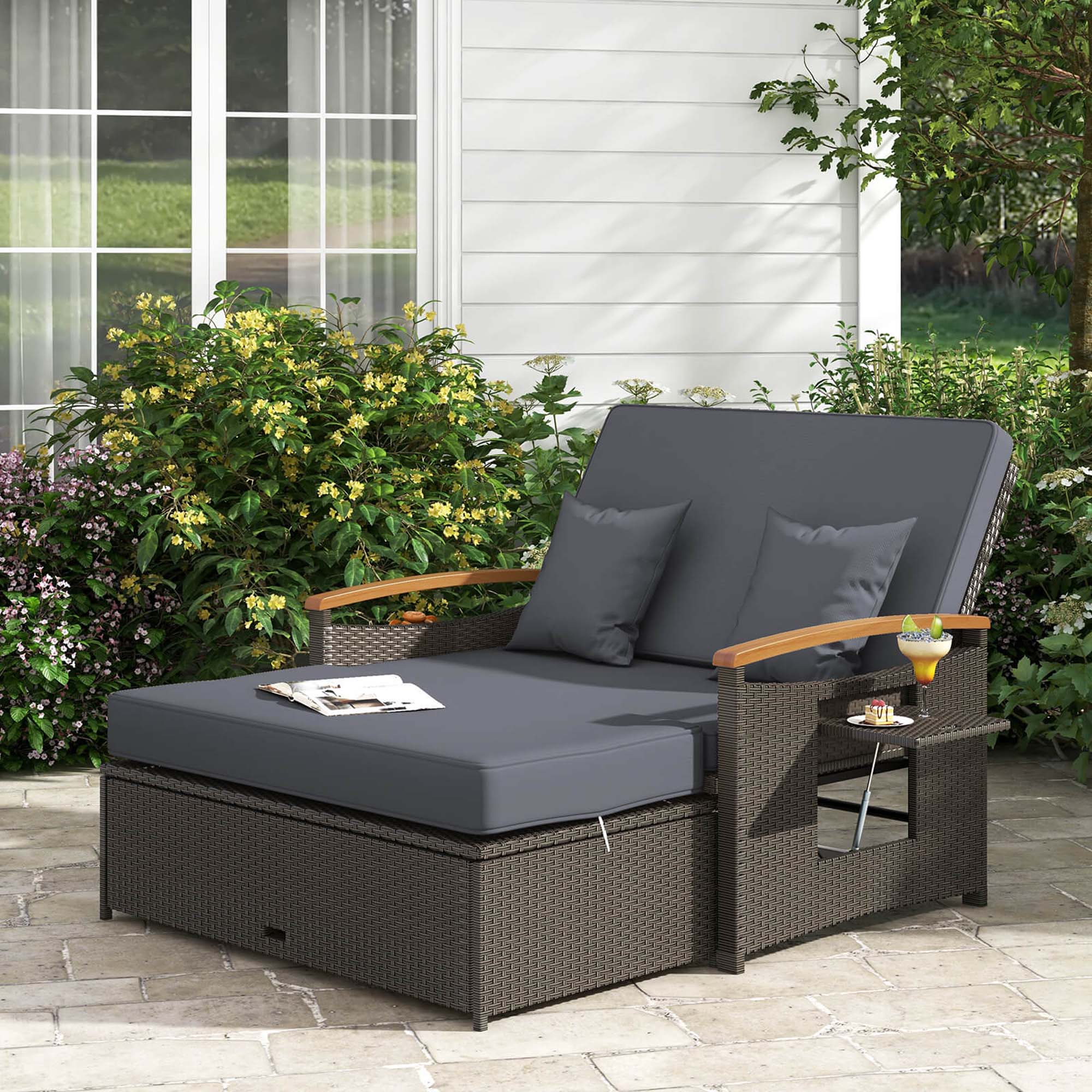 Alt View 3. Costway - Patio Rattan Daybed Set with Cushioned Loveseat & Storage Ottoman for Porch - Gray.