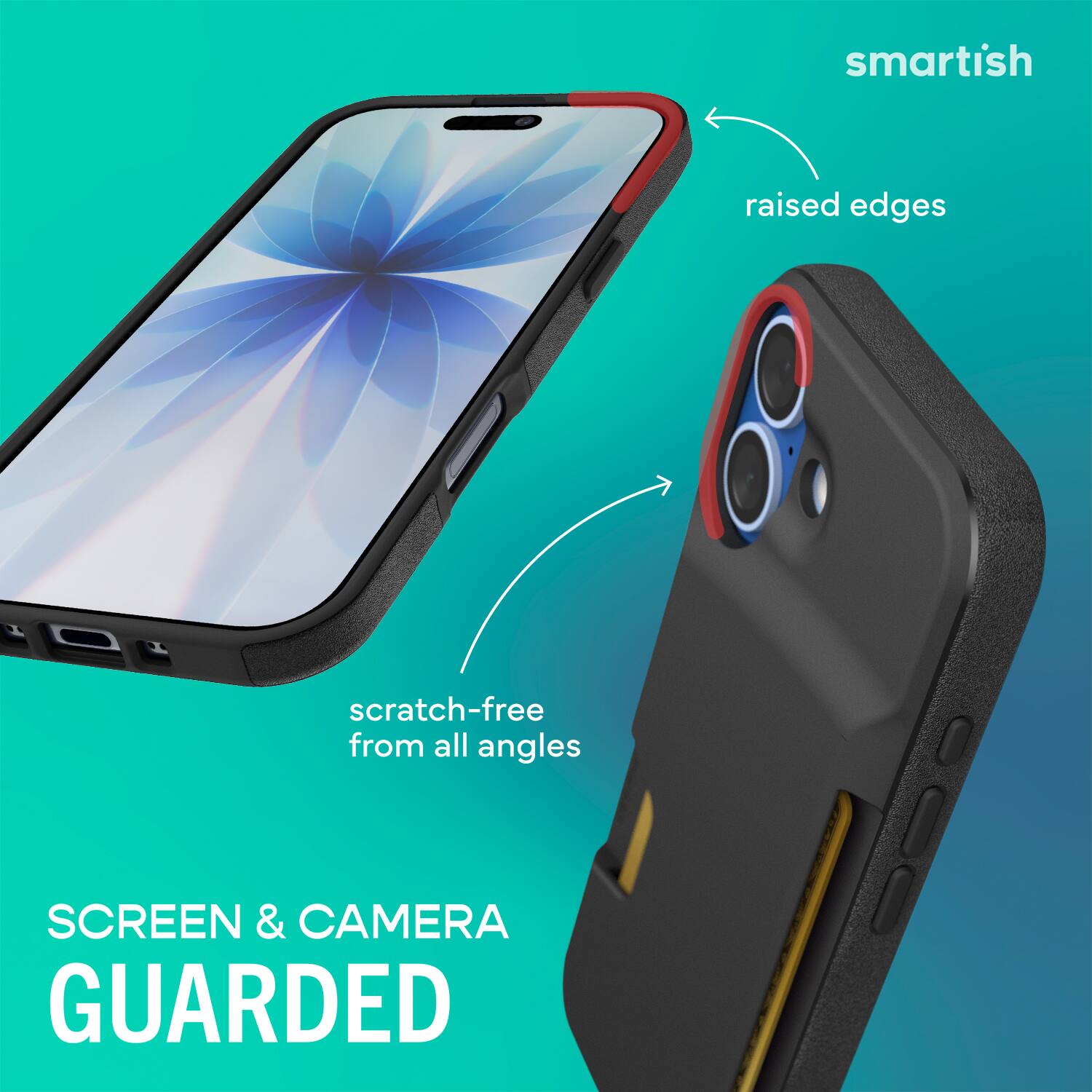 smartish  
raised edges  
scratch-free from all angles  
SCREEN & CAMERA GUARDED