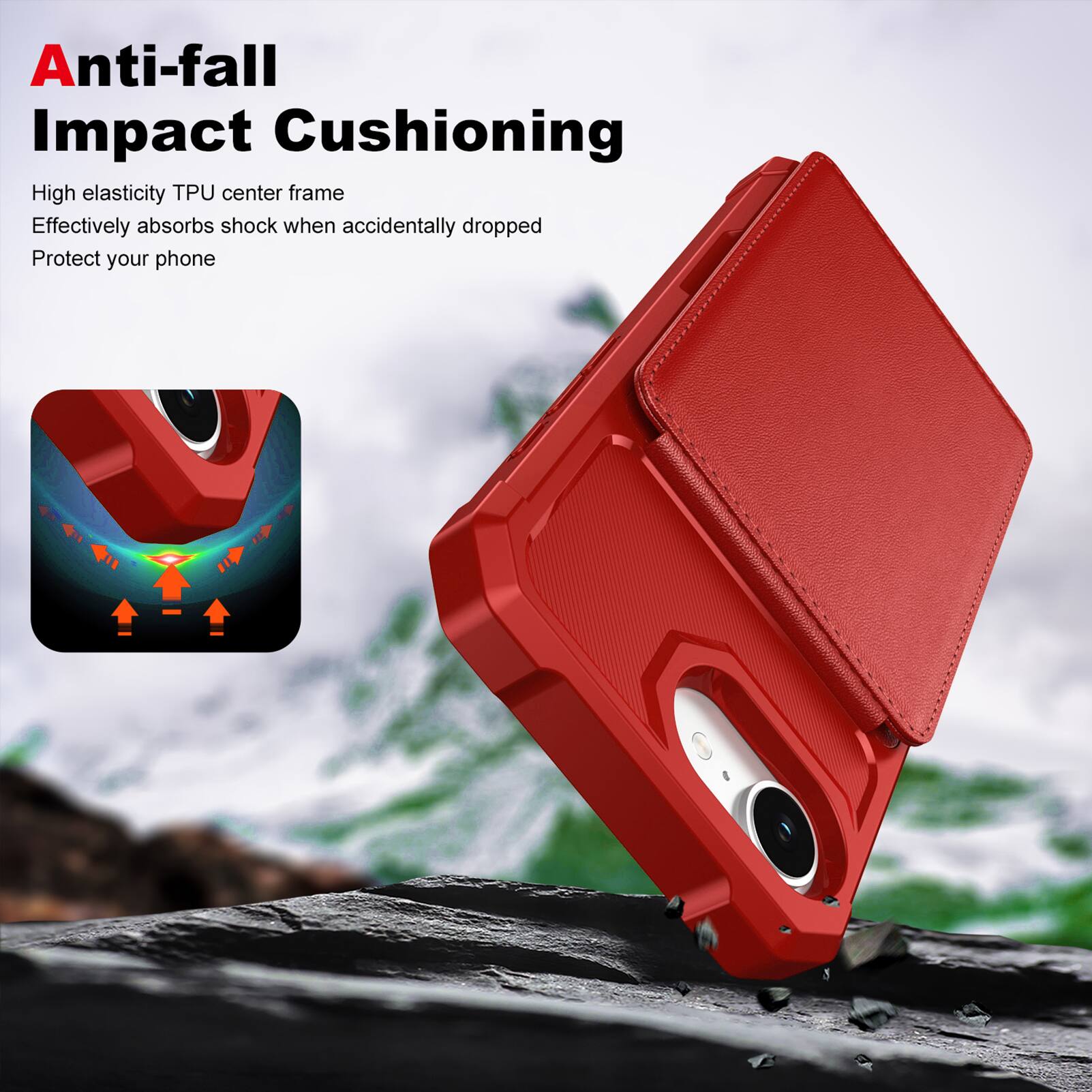 Anti-fall Impact Cushioning

High elasticity TPU center frame  
Effectively absorbs shock when accidentally dropped  
Protect your phone