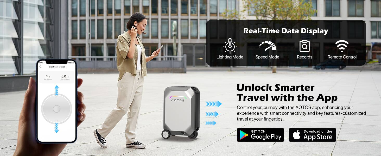 Real-Time Data Display  
- Lighting Mode  
- Speed Mode  
- Records  
- Remote Control  

Unlock Smarter Travel with the App  
Control your journey with the AOTOS app, enhancing your experience with smart connectivity and key features—customized travel at your fingertips.  

GET IT ON Google Play  
Download on the App Store