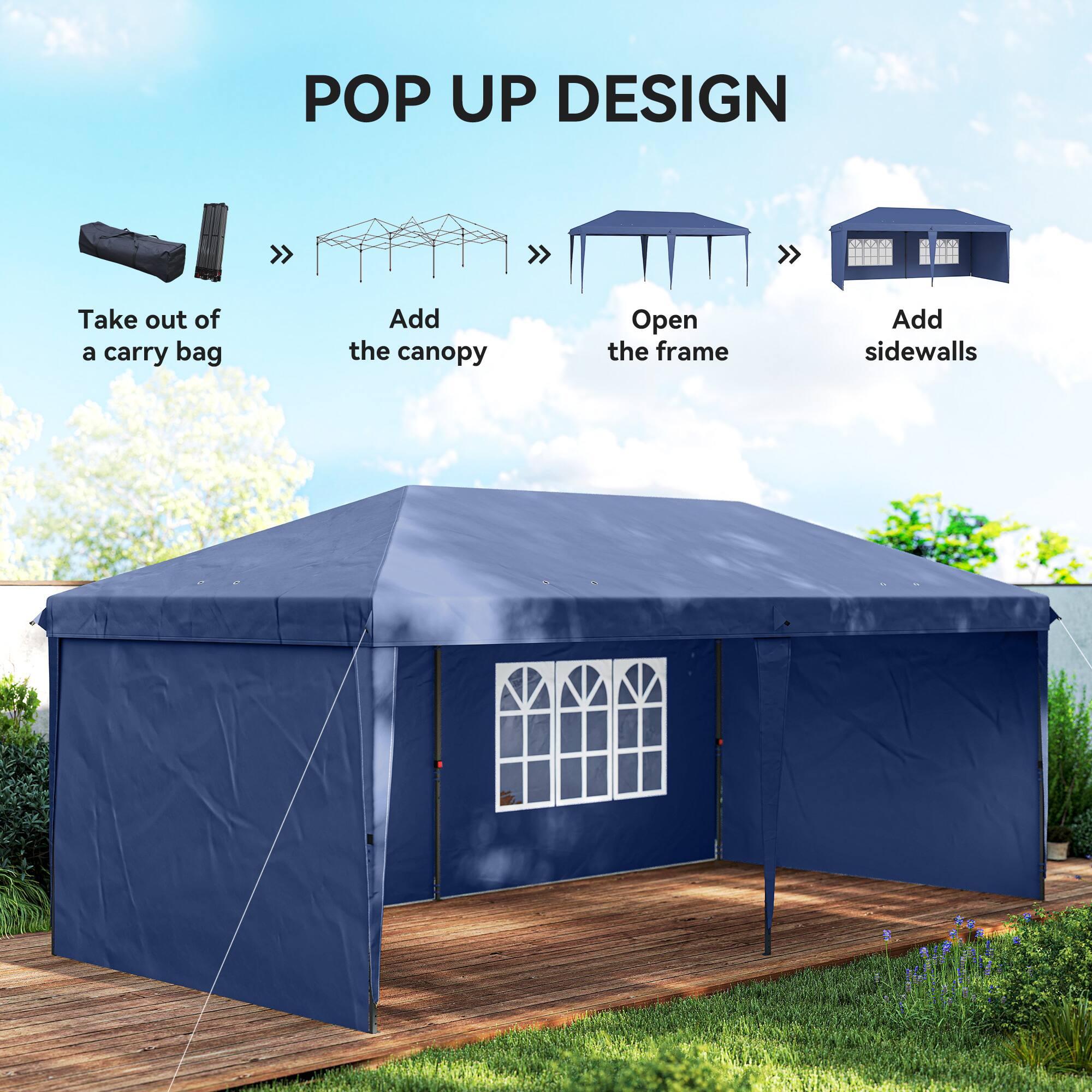POP UP DESIGN

- Take out of a carry bag
- Add the canopy
- Open the frame
- Add sidewalls