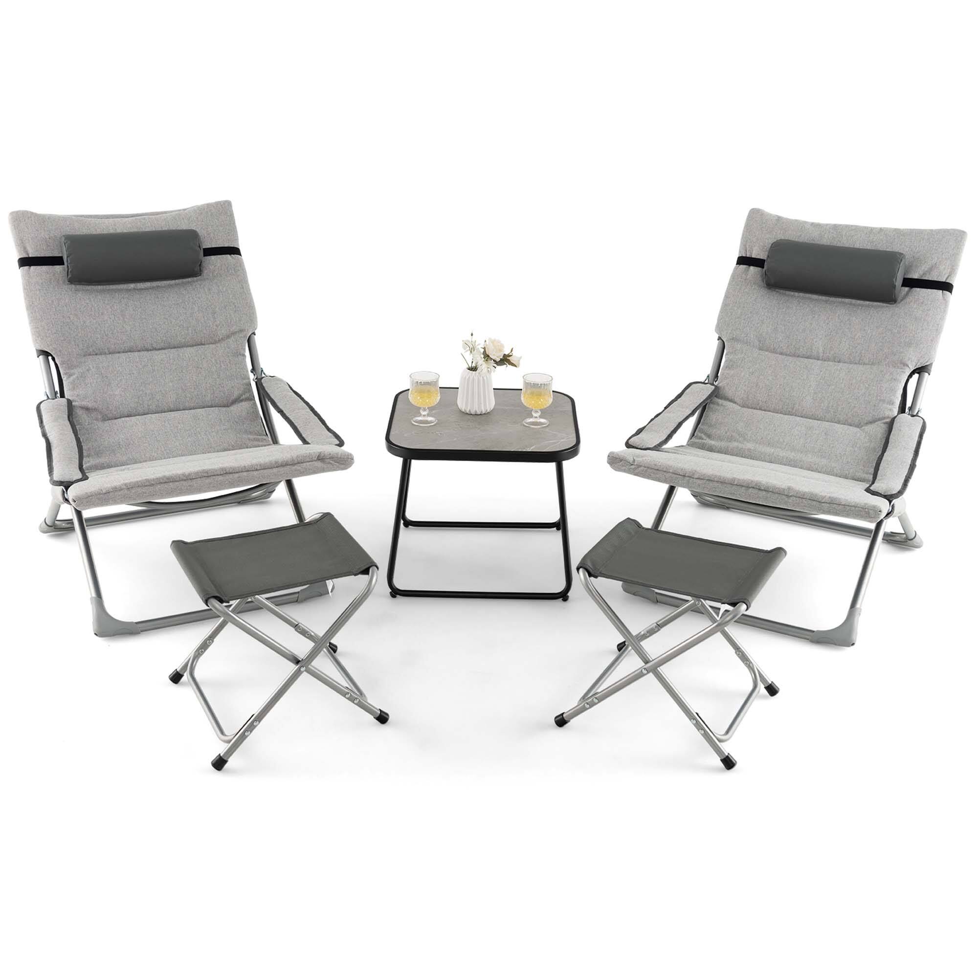 Costway - 5pcs Patio Folding Sling Chair Set Ottoman Table Portable Headrest Outdoor Beach - Gray