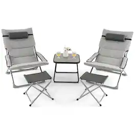 Costway - 5pcs Patio Folding Sling Chair Set Ottoman Table Portable Headrest Outdoor Beach - Gray