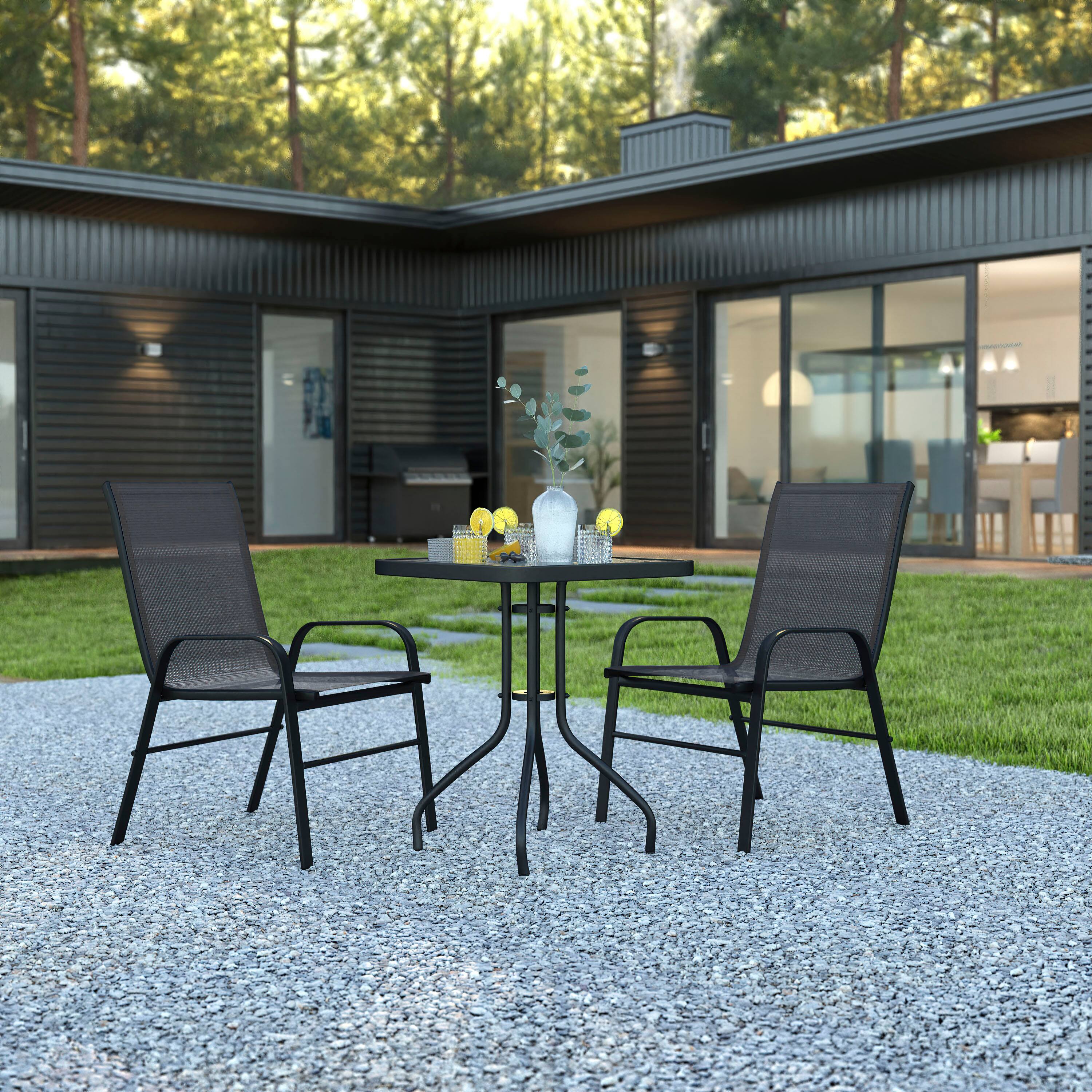 Alt View 1. Emma + Oliver - Three Piece Patio Table Set with Square Metal Frame Table with Tempered Glass Top and Two Flex Comfort Stacking Chairs - Black.