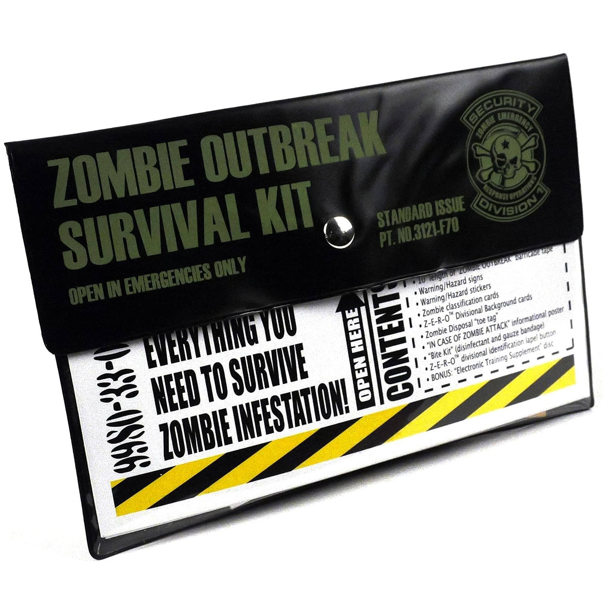 ZOMBIE OUTBREAK SURVIVAL KIT  
STANDARD ISSUE  
PT. NO. 3121-F70  

OPEN IN EMERGENCIES ONLY  

EVERYTHING YOU NEED TO SURVIVE ZOMBIE INFESTATION!  

CONTENT:  
- Warning/Hazard signs  
- Warning/Hazard stickers  
- Warning/Hazard cards  
- Zombie classification  
- Zombie Background  
- Z-E-R-O Disposal "toe ATTACK tag"  
- "Bite Kit" disinfectant and gauze bandage  
- "Bite Kit" divisional identification disc  
- Z-E-R-O "Electronic Training Supplement"  
- BONUS: "Electronic Training Supplement"