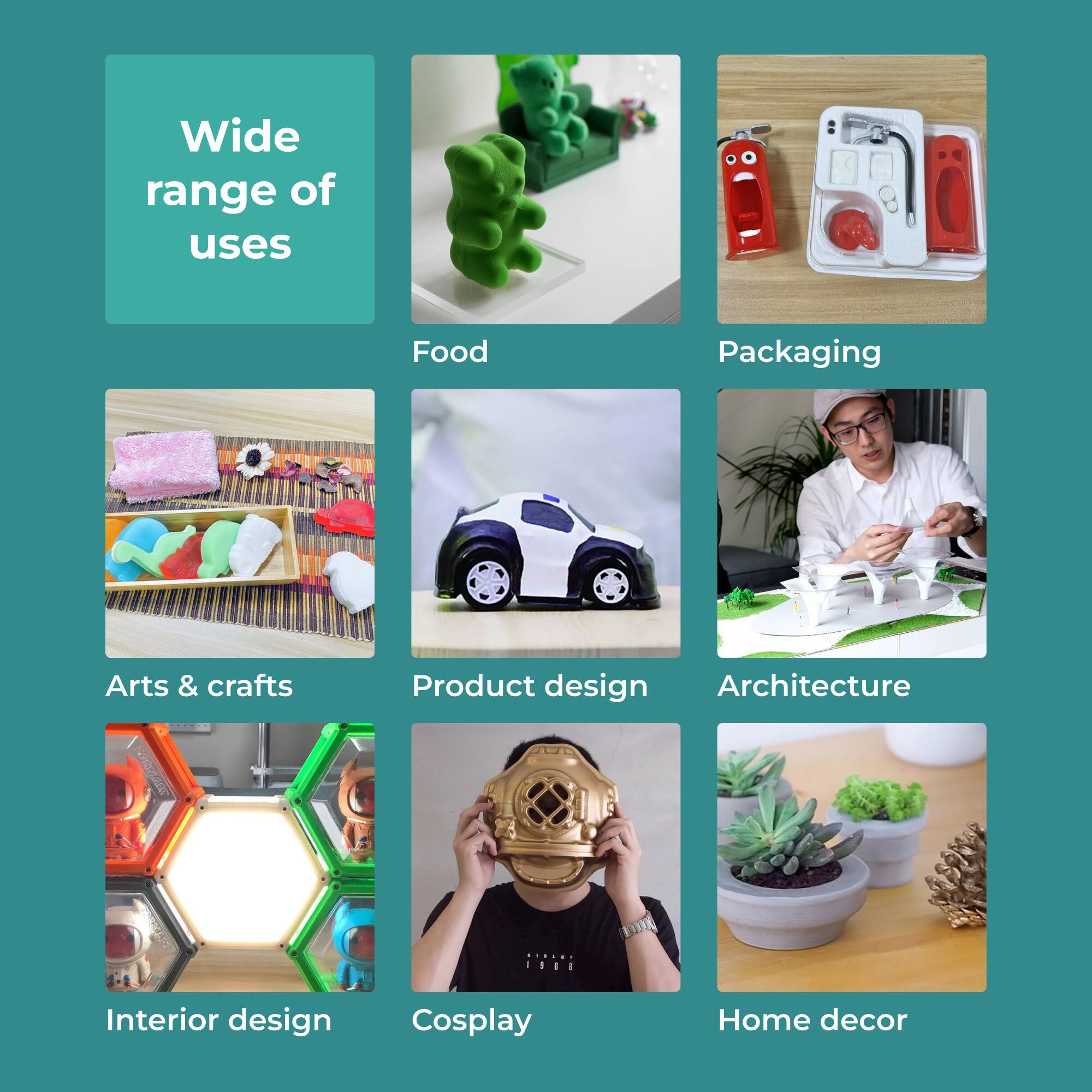 Wide range of uses

- Food
- Packaging
- Arts & crafts
- Product design
- Architecture
- Interior design
- Cosplay
- Home decor