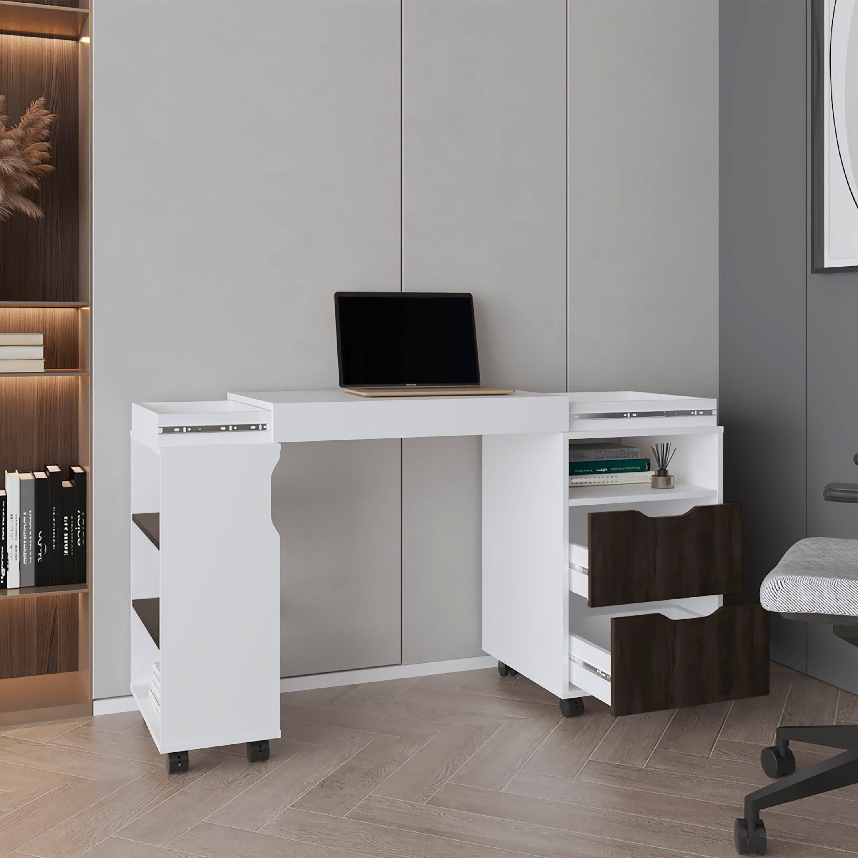 Front. TuHome - San Diego 54" Wide Two Drawer Expandable Desk With Seven Shelves And Casters - White - Dark Walnut.