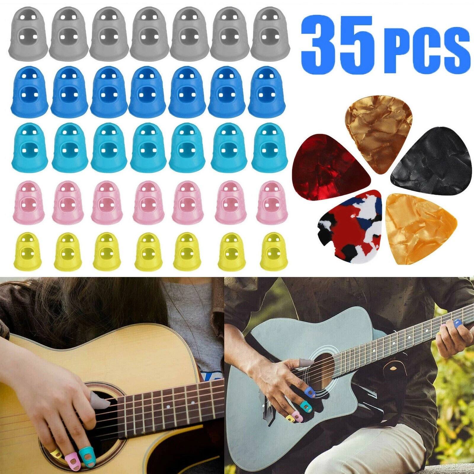 Angle. Home Collection - 35pcs Guitar Silicone Finger Protector Fingertip Covers Caps + 5pcs Guitar Picks - Multi-color.