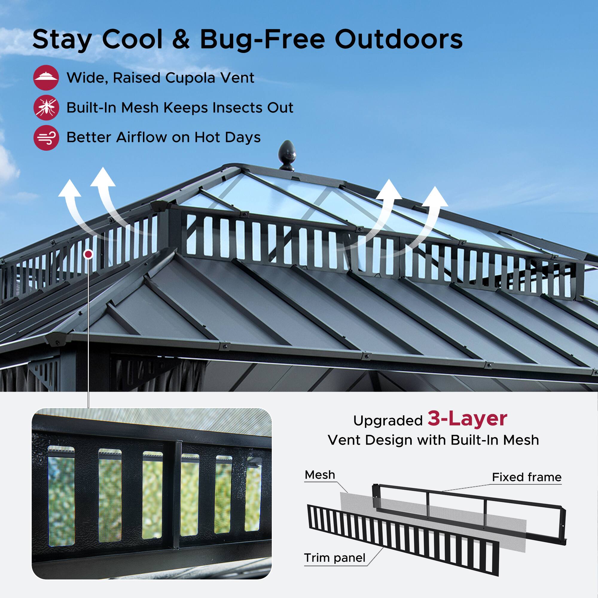 Stay Cool & Bug-Free Outdoors

- Wide, Raised Cupola Vent
- Built-In Mesh Keeps Insects Out
- Better Airflow on Hot Days

Upgraded 3-Layer Vent Design with Built-In Mesh

- Mesh
- Fixed frame
- Trim panel