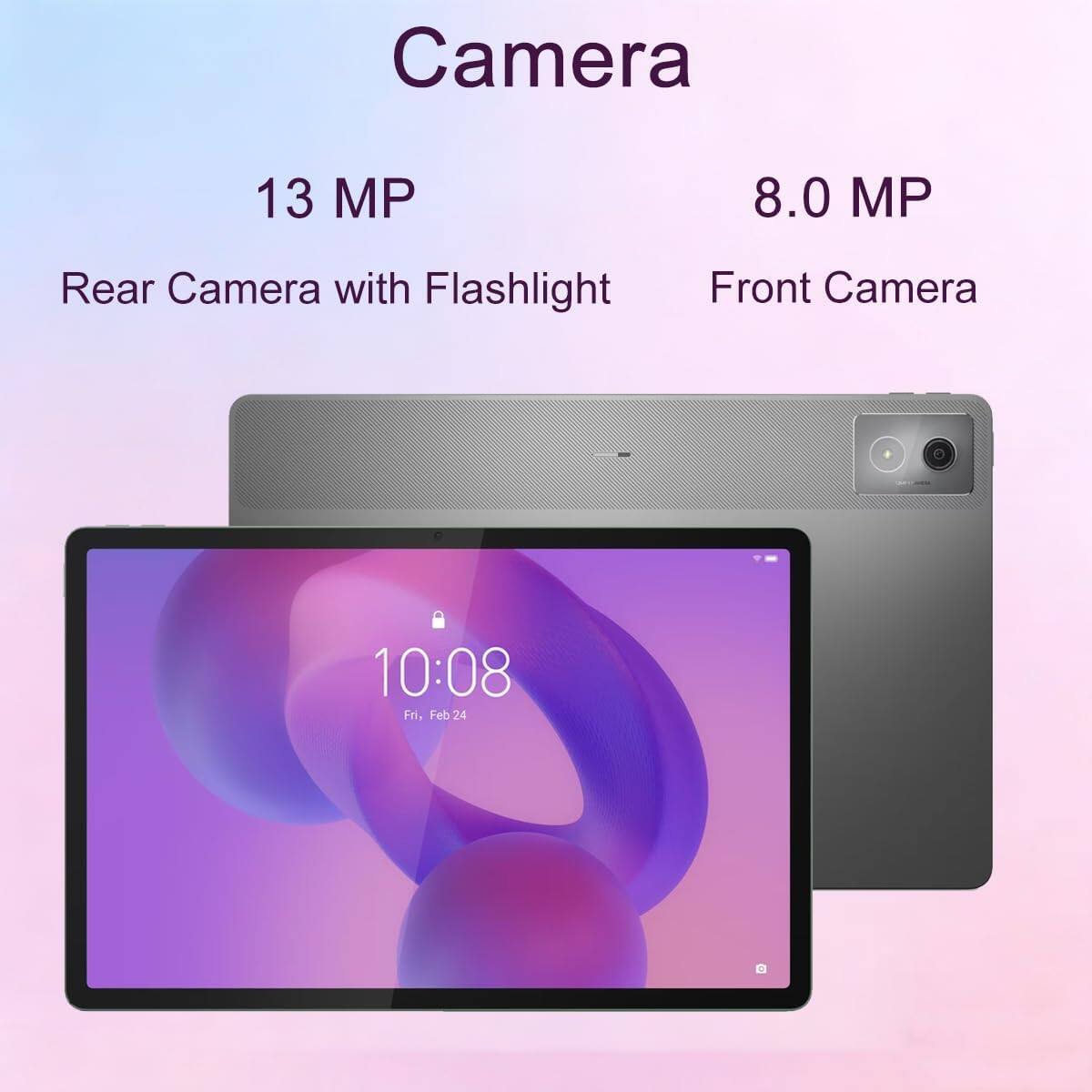 Camera  
13 MP  
Rear Camera with Flashlight  
8.0 MP  
Front Camera  

10:08  
Fri, Feb 24
