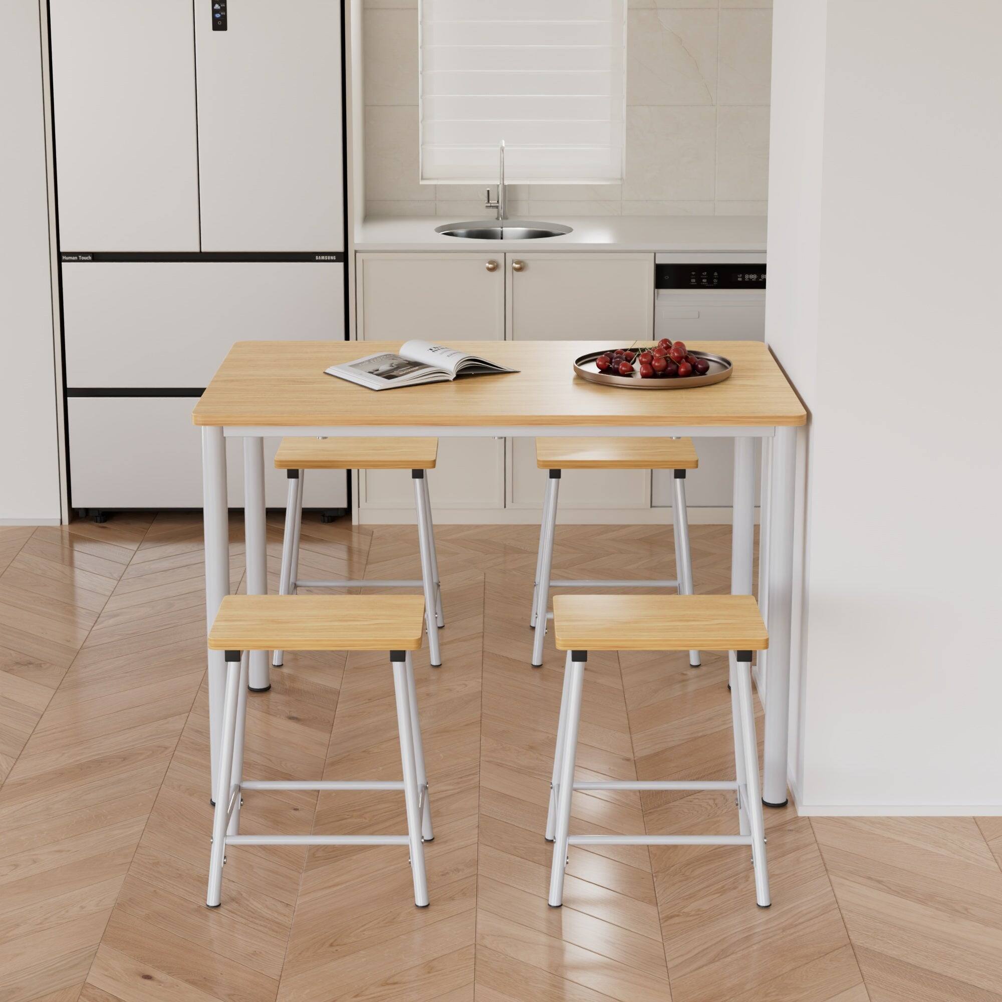 Alt View 4. Vecelo - Modern Industrial 4-Seat Dining Table Set with Space-Saving Stools, Durable Wood & Metal,Oak - Natural Oak.