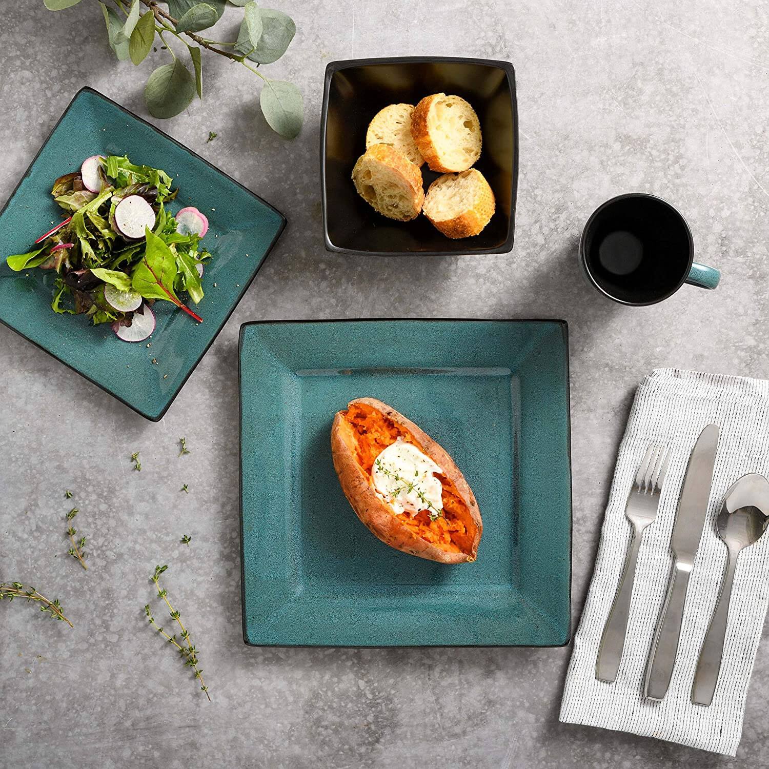 Gibson - Elite Kiesling 16 Piece Plates, Bowls, & Mugs Dinnerware Set - Turquoise - Thumbnail 5