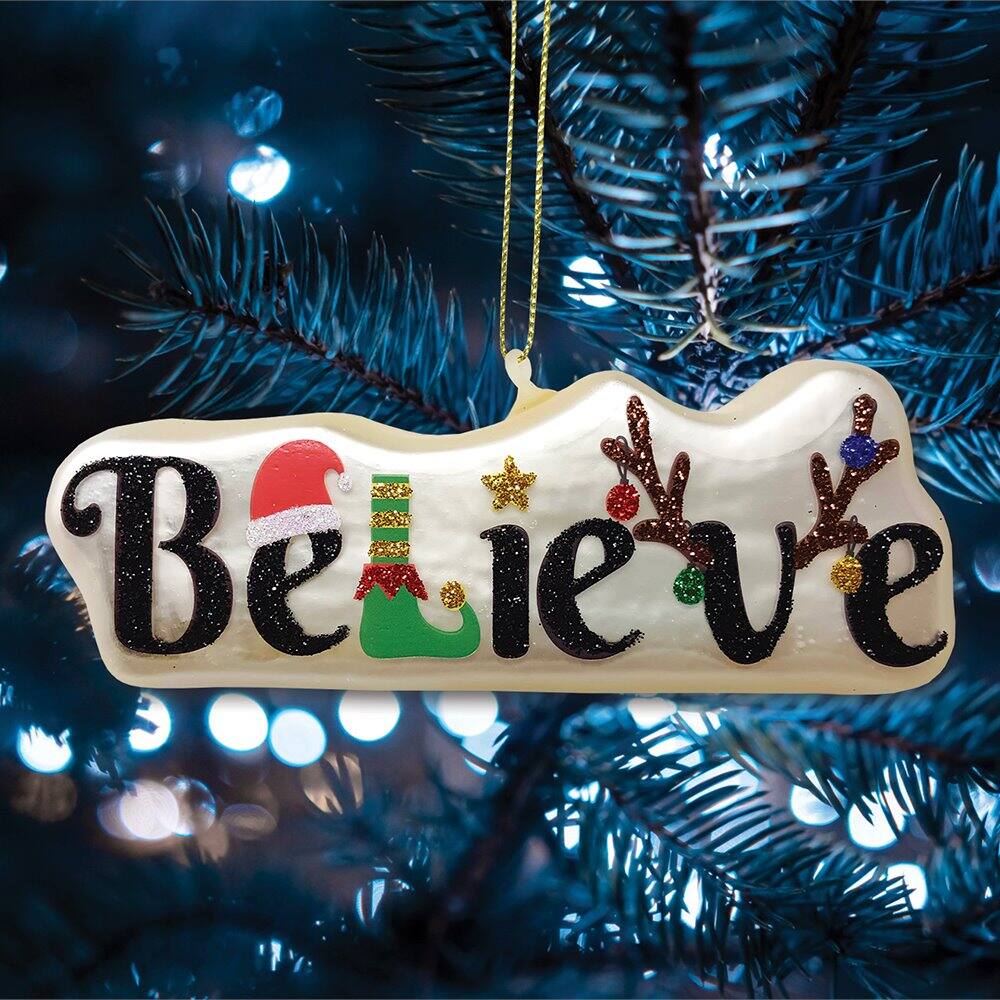 Left. OrnamentallyYou - Enchanting Believe Glittering Glass Festive Christmas Ornament - Multi-colored.