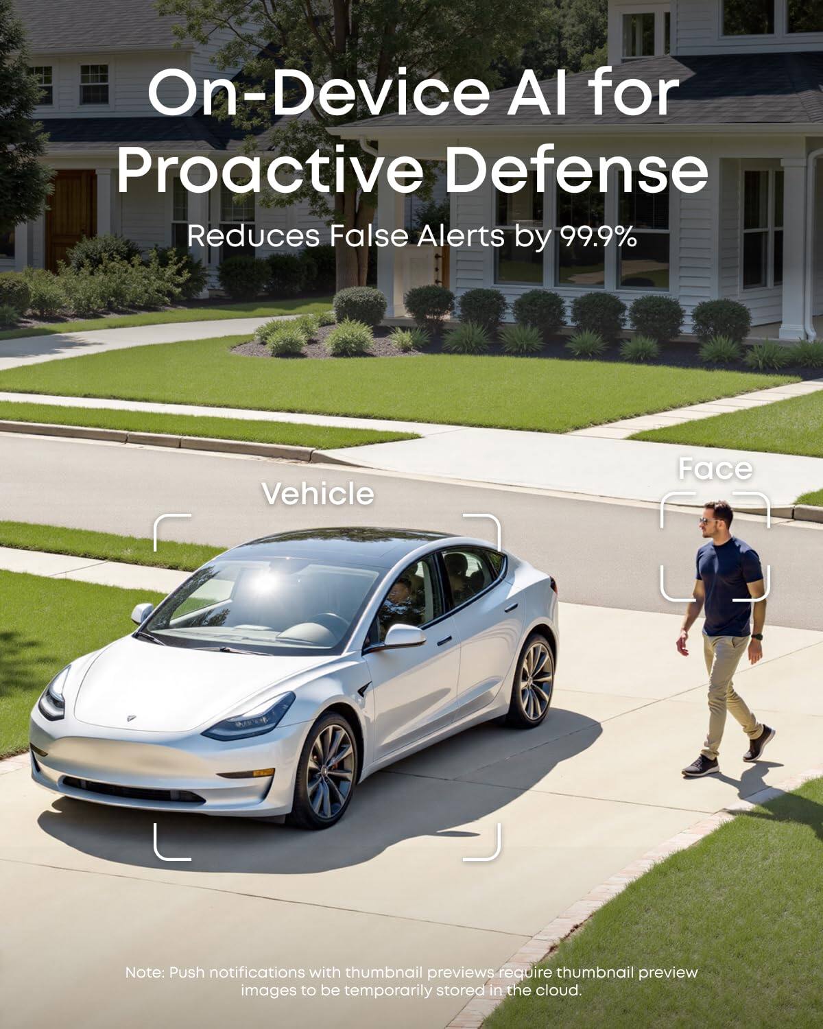 On-Device AI for Proactive Defense  
Reduces False Alerts by 99.9%  

Vehicle  
Face  

Note: Push notifications with thumbnail previews require thumbnail preview images to be temporarily stored in the cloud.