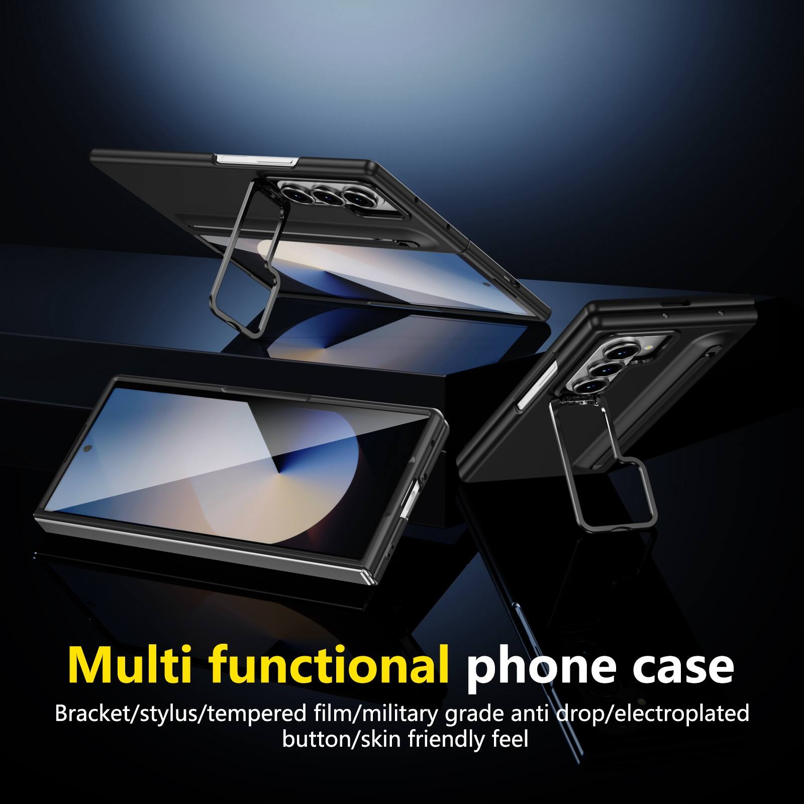 Multi functional phone case  
Bracket/stylus/tempered film/military grade anti drop/electroplated button/skin friendly feel
