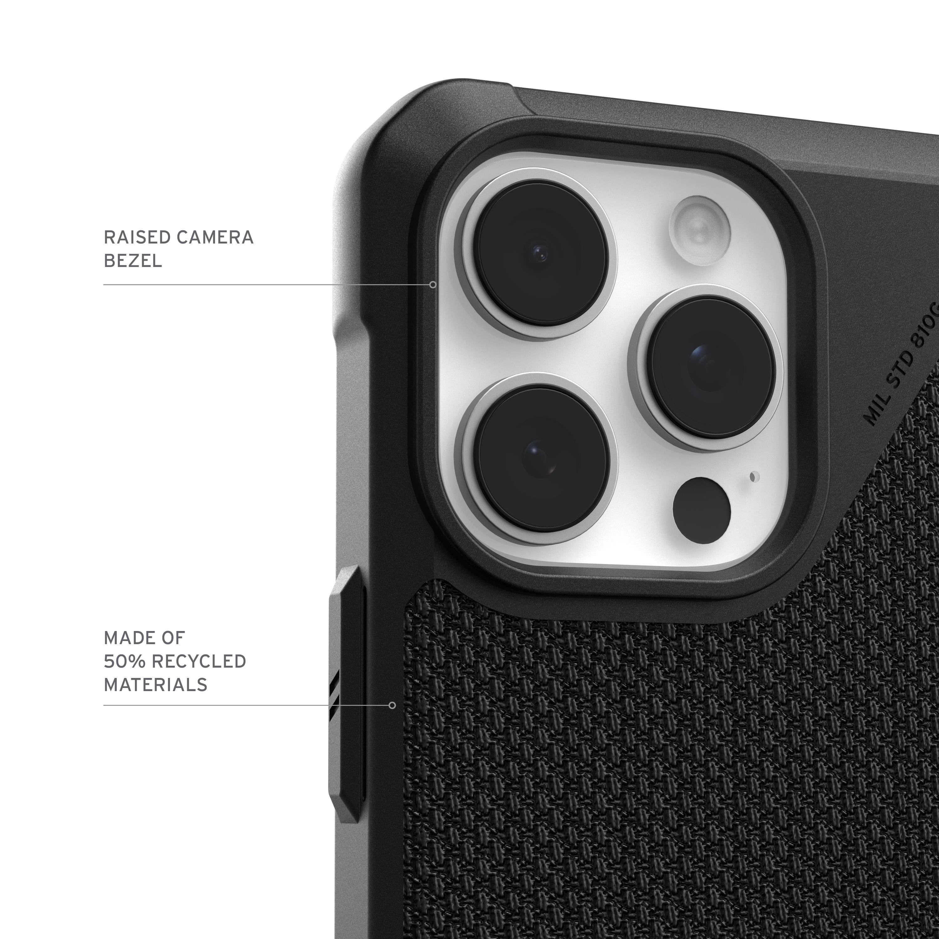 The image features a close-up view of a cell phone, specifically focusing on the camera lens. The camera lens is described as having a raised camera bezel, which is made of 50% recycled materials. The image also indicates that the cell phone is an 810G standard model.