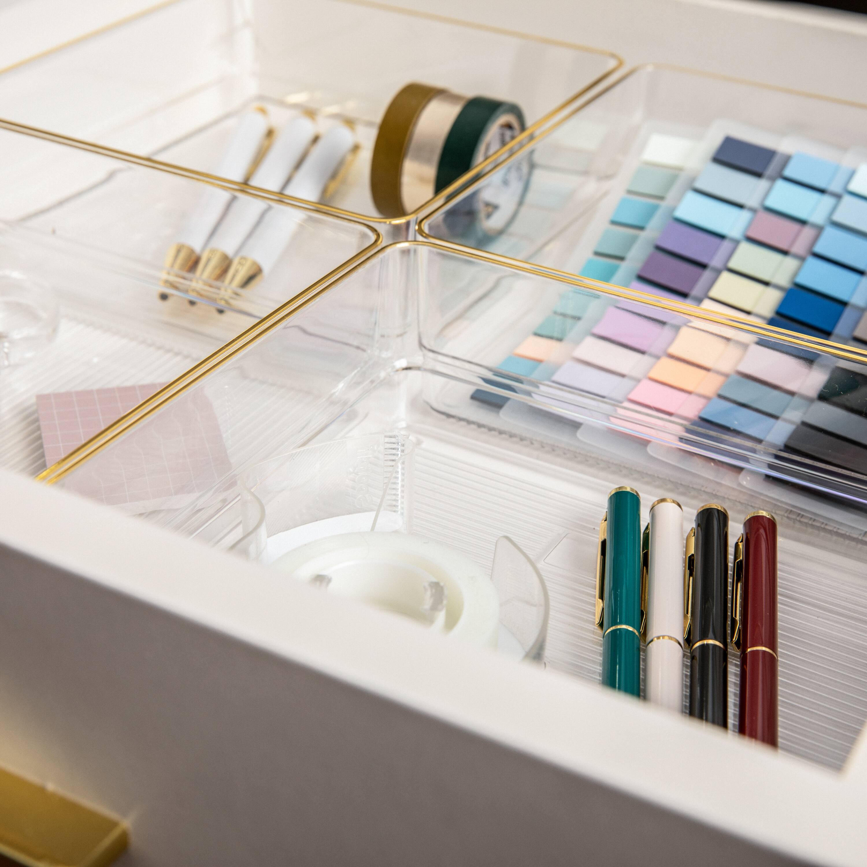 Alt View 15. Martha Stewart - Kerry Set of 4 Plastic Stacking Desk Drawer Organizers with Gold Trim - 6 x 6 - Clear/Gold Trim.