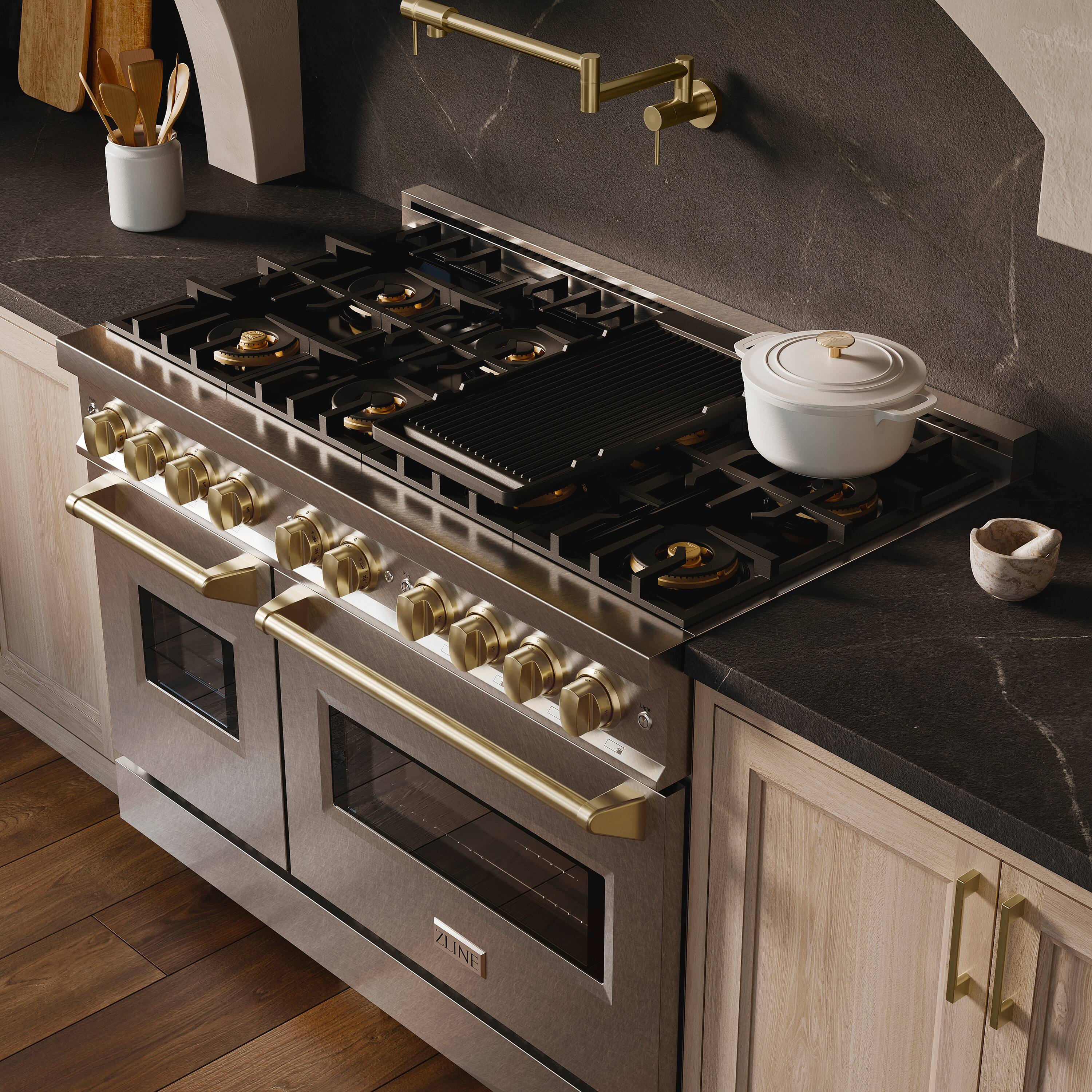 Alt View 6. ZLINE - Autograph 48 in. 6.7 cu. ft. Classic Freestanding DuoPro Dual Fuel Range in Satin Stainless Steel and Bronze Accents - Satin Stainless Steel.