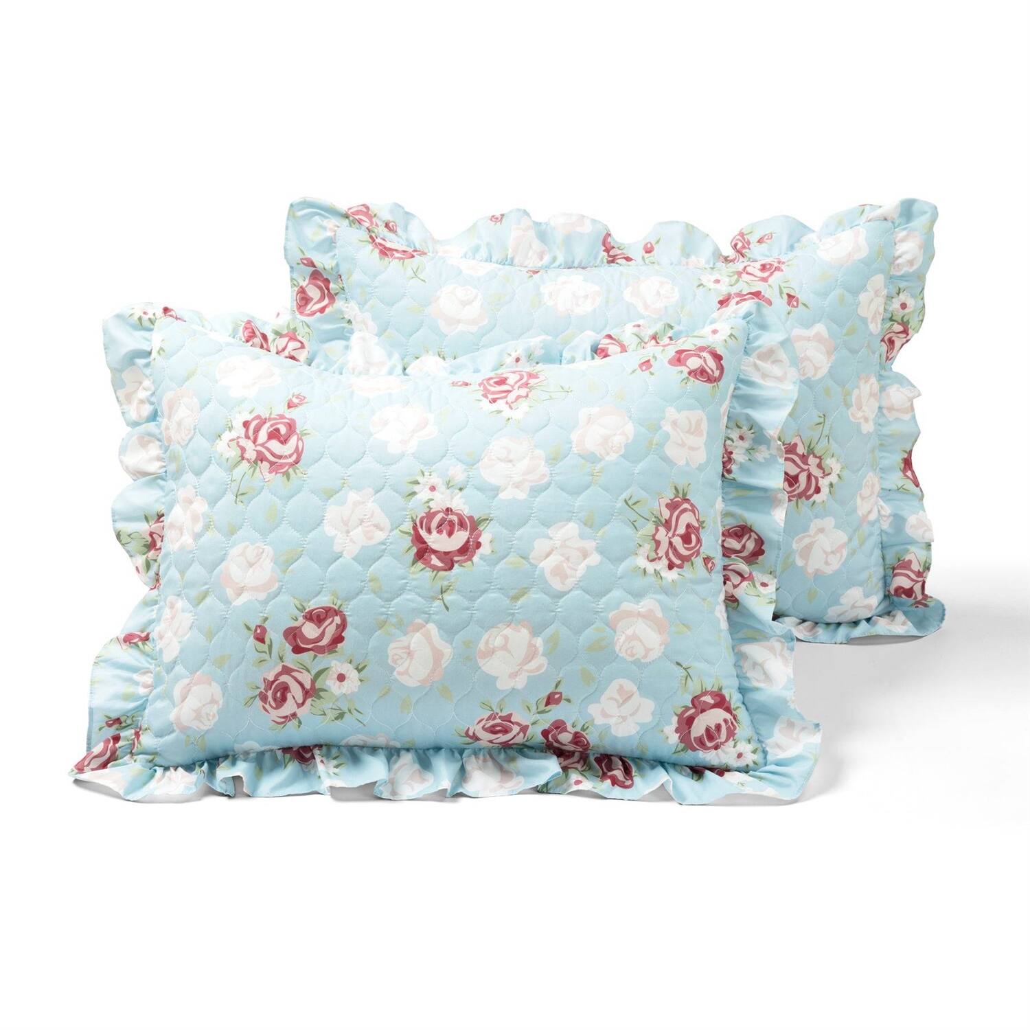 Back. Hivvago - Full/Queen size Vintage Rose Ruffle Edge Light Quilt Set in Blue White and Pink - Blue White and Pink.