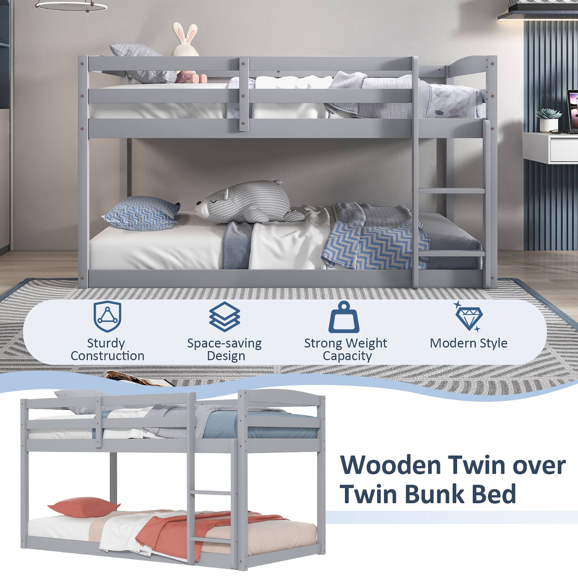 Sturdy Construction  
Space-saving Design  
Strong Weight Capacity  
Modern Style  

Wooden Twin over Twin Bunk Bed