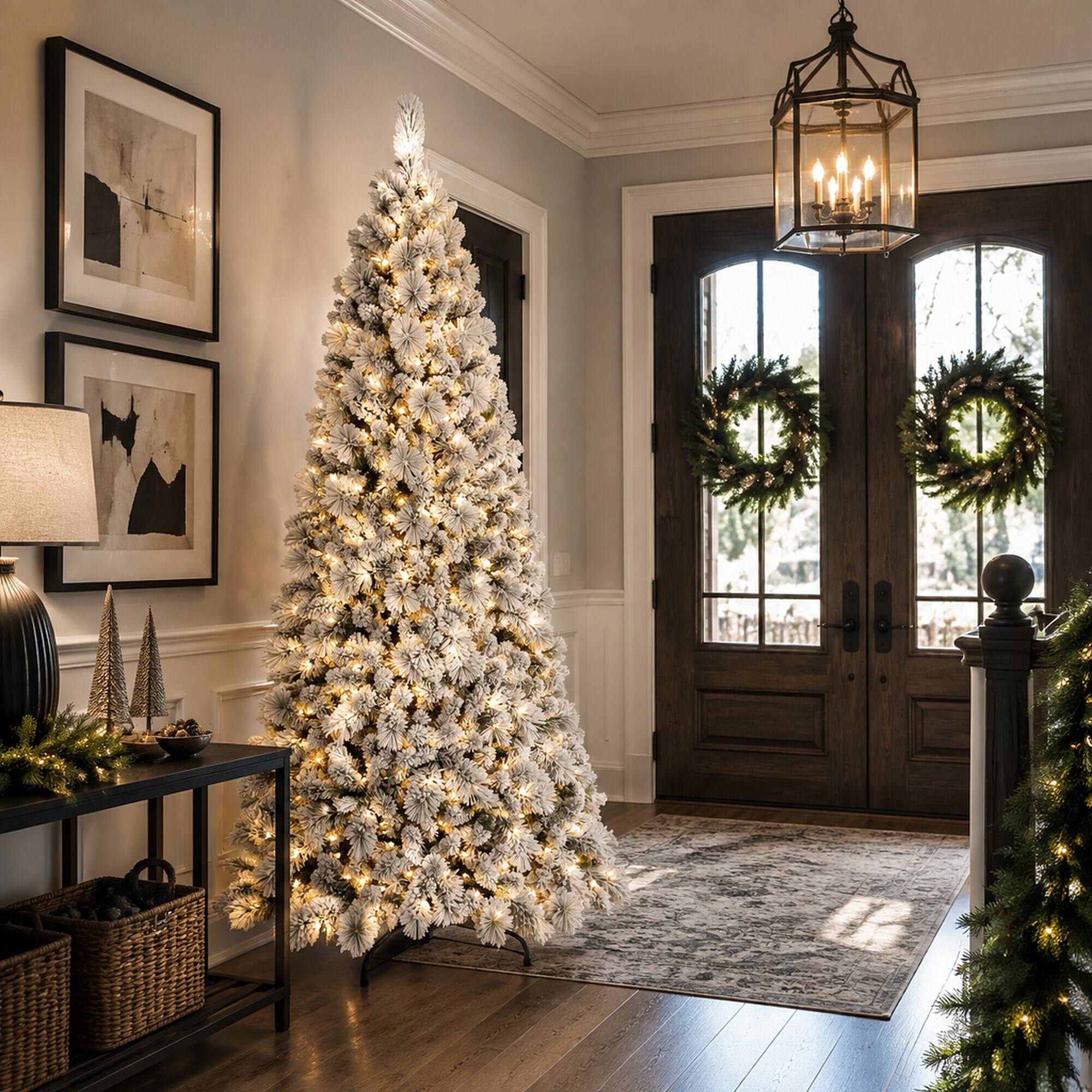 Alt View 2. RYHNUYNE - 7FT Flocked Pre-Lit Christmas Tree,450 Warm White LED Lights 1060 Tips PVC Hard Needle Hinged Design - Green,White.