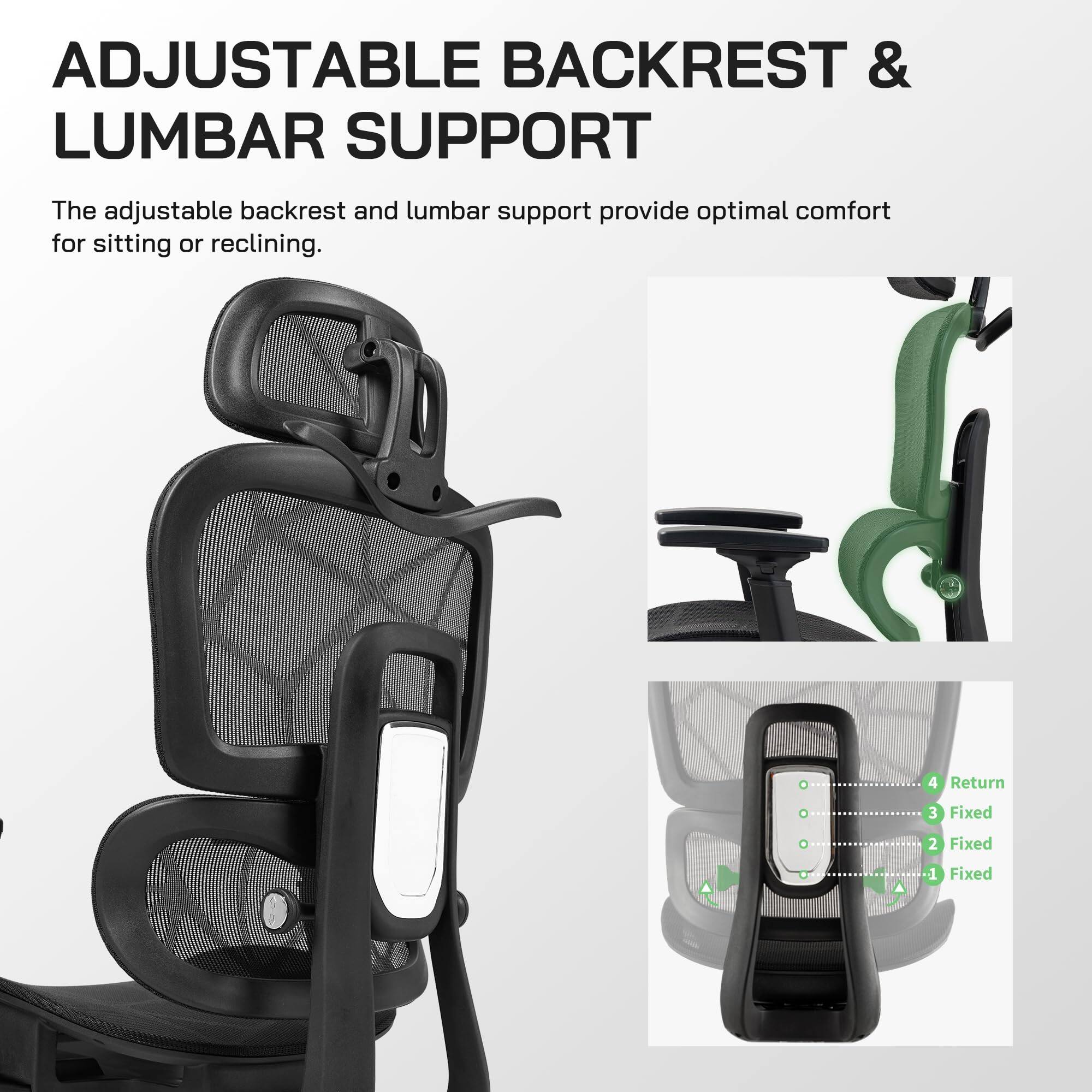 ADJUSTABLE BACKREST & LUMBAR SUPPORT

The adjustable backrest and lumbar support provide optimal comfort for sitting or reclining.

4 Return  
3 Fixed  
2 Fixed  
1 Fixed