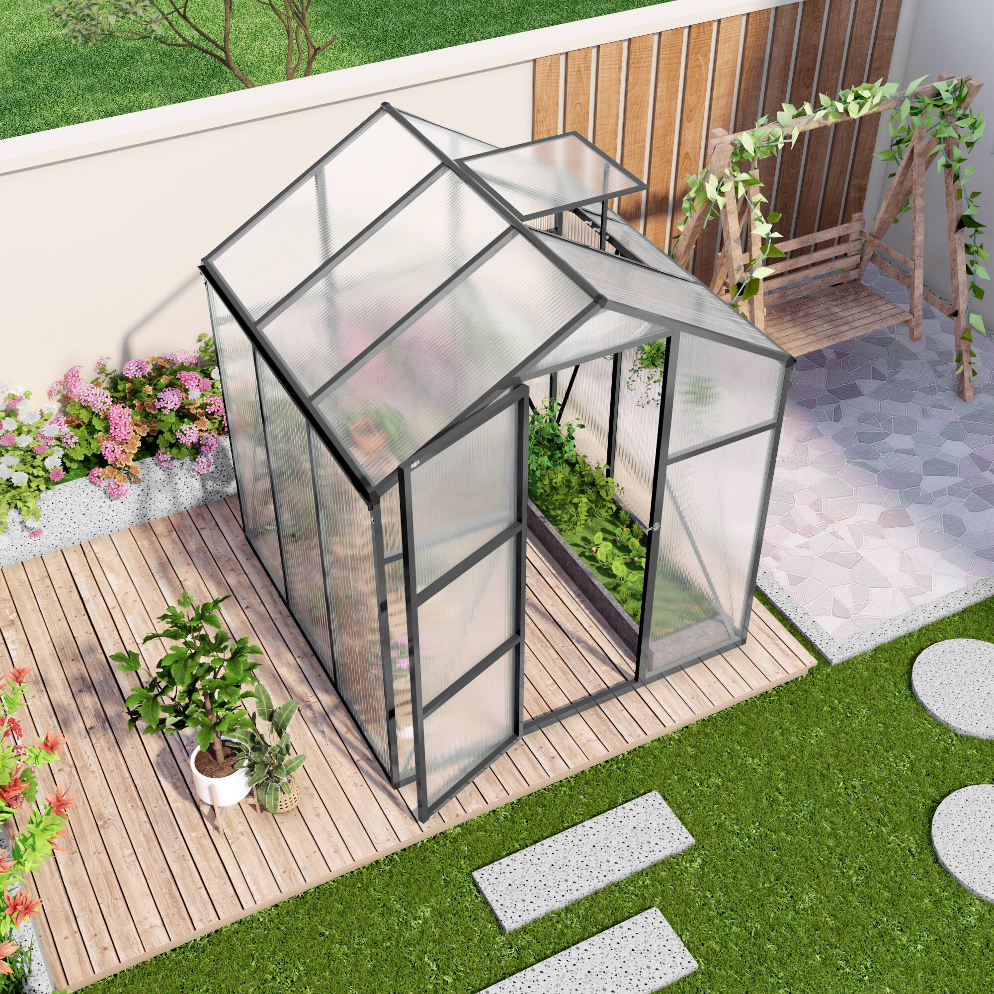 Left. Mondawe - 6x6 FT Polycarbonate Greenhouse with Raised Base and Anchor Aluminum, Gain Height Windproof Aluminum - Black.