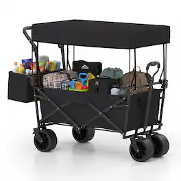 Costway - Folding Utility Wagon with Detachable Canopy, Collapsible Garden Cart with Adjustable Push & Pull Handles - Black