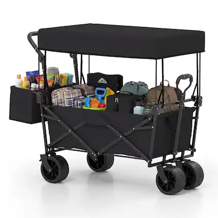 Front. Costway - Costway Folding Utility Wagon with Detachable Canopy, Collapsible Garden Cart with Adjustable Push & Pull Handles - Black.