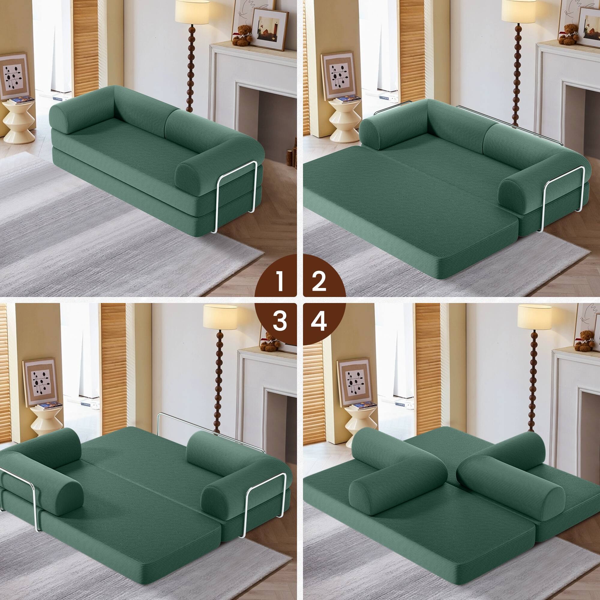 Alt View 5. Brick Attic - 4-in-1 Folding Convertible Floor Sofa Bed, 63 Inch Oversized Modern Fabric Boneless Couch for Living Room Bedroom Lounge - Green.