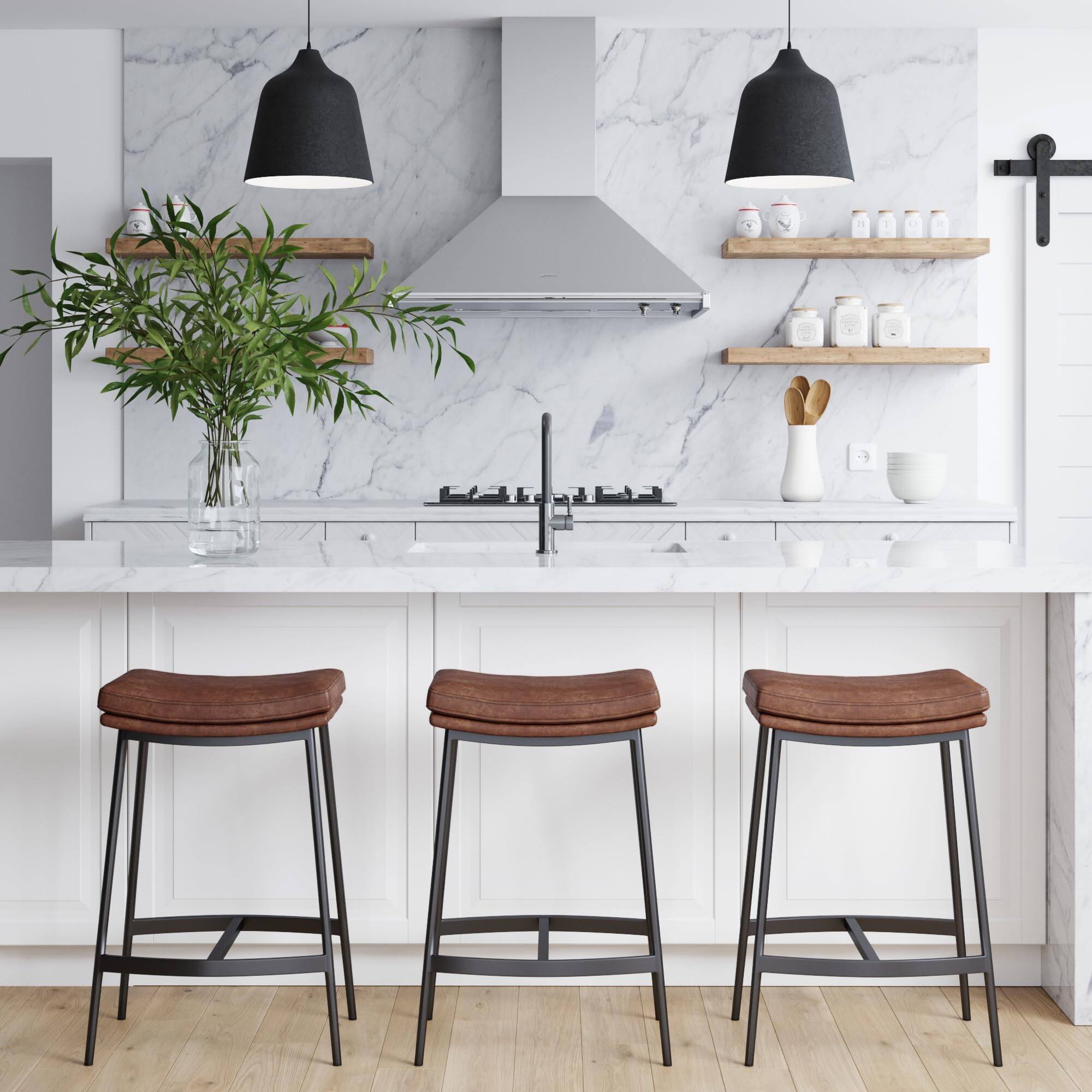 Back. JETRANSPORT - 22202 Arlo Modern Backless Upholstered Kitchen Counter Bar Stool With Double-layered Saddle Seat And - Vintaged Brown/Matte Black 1 Stool.