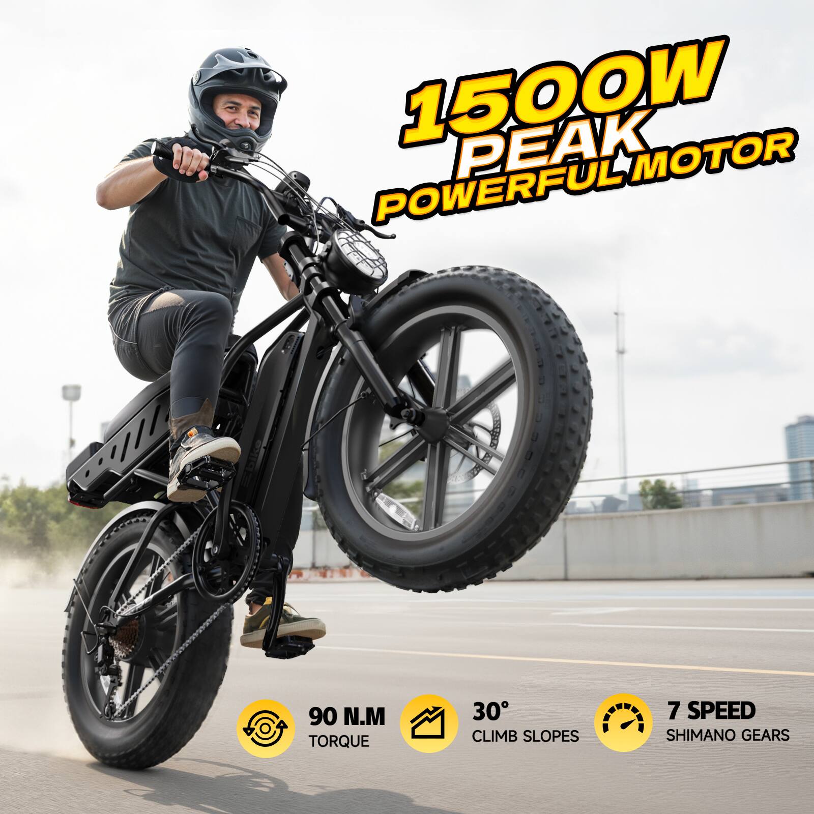 1500W Peak Powerful Motor  
90 N.M Torque  
30° Climb Slopes  
7 Speed Shimano Gears