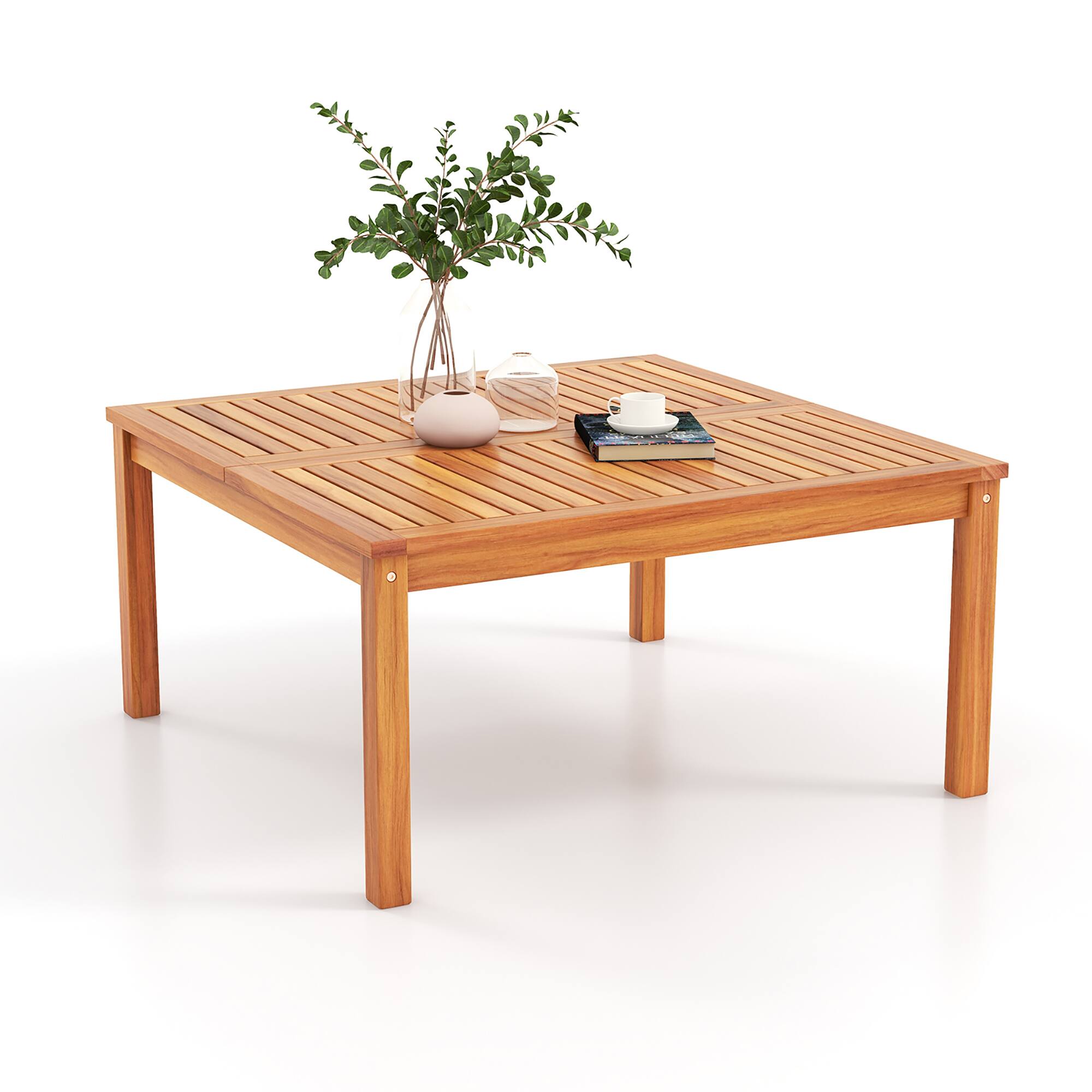 Gymax - Outdoor Coffee Table w/ Slatted Tabletop Small Outside Table Square Patio Table - Natural