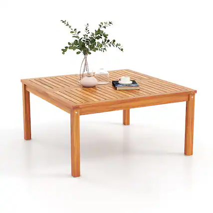 Front. Gymax - Gymax Outdoor Coffee Table w/ Slatted Tabletop Small Outside Table Square Patio Table - Natural.