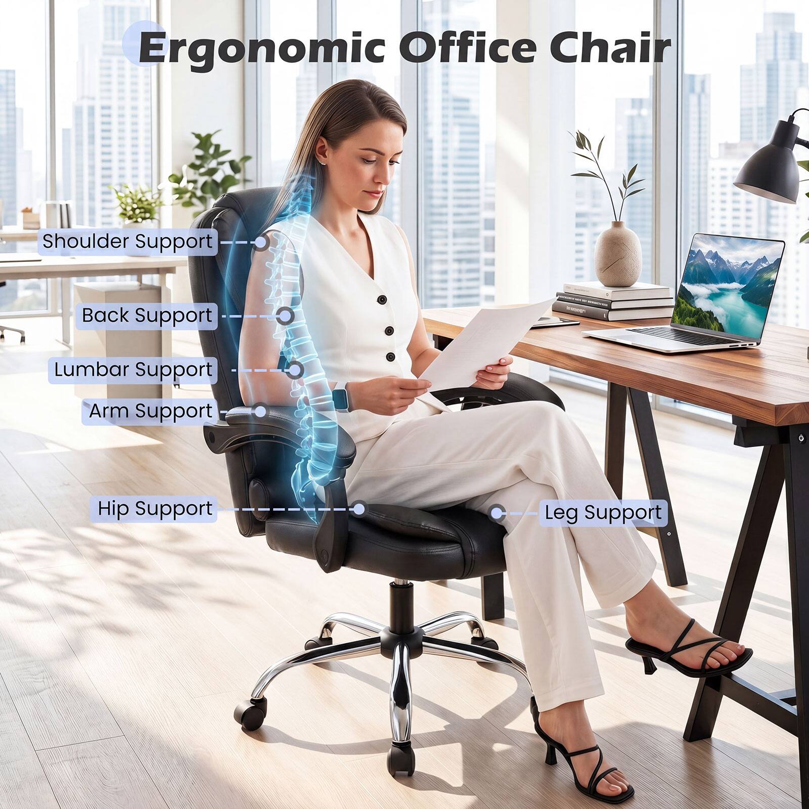 Ergonomic Office Chair

Shoulder Support  
Back Support  
Lumbar Support  
Arm Support  
Hip Support  
Leg Support