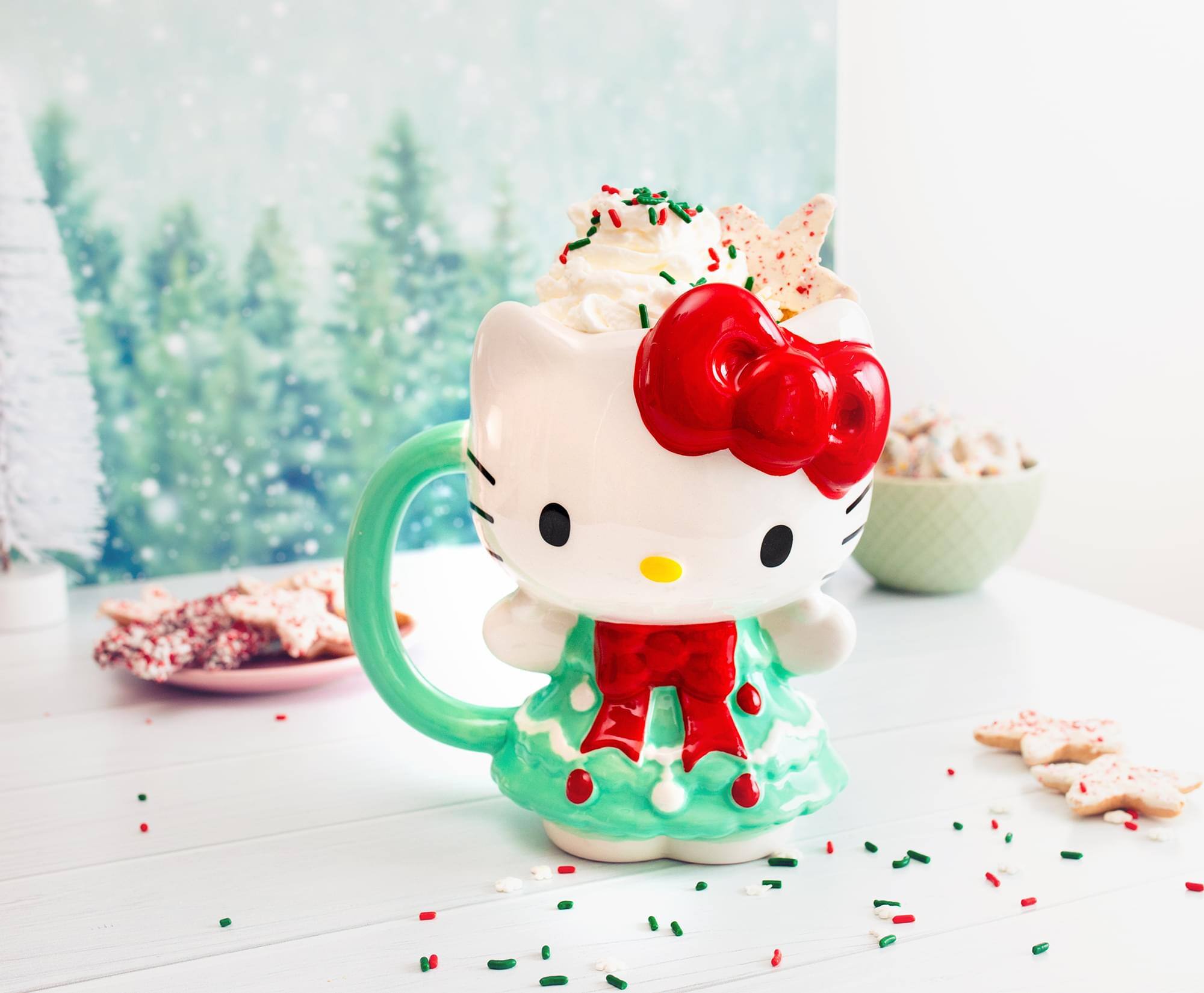 Alt View 5. Silver Buffalo - Sanrio Hello Kitty Holiday Tree Dress 3D Sculpted Ceramic Mug | Holds 20 Ounces - Green.